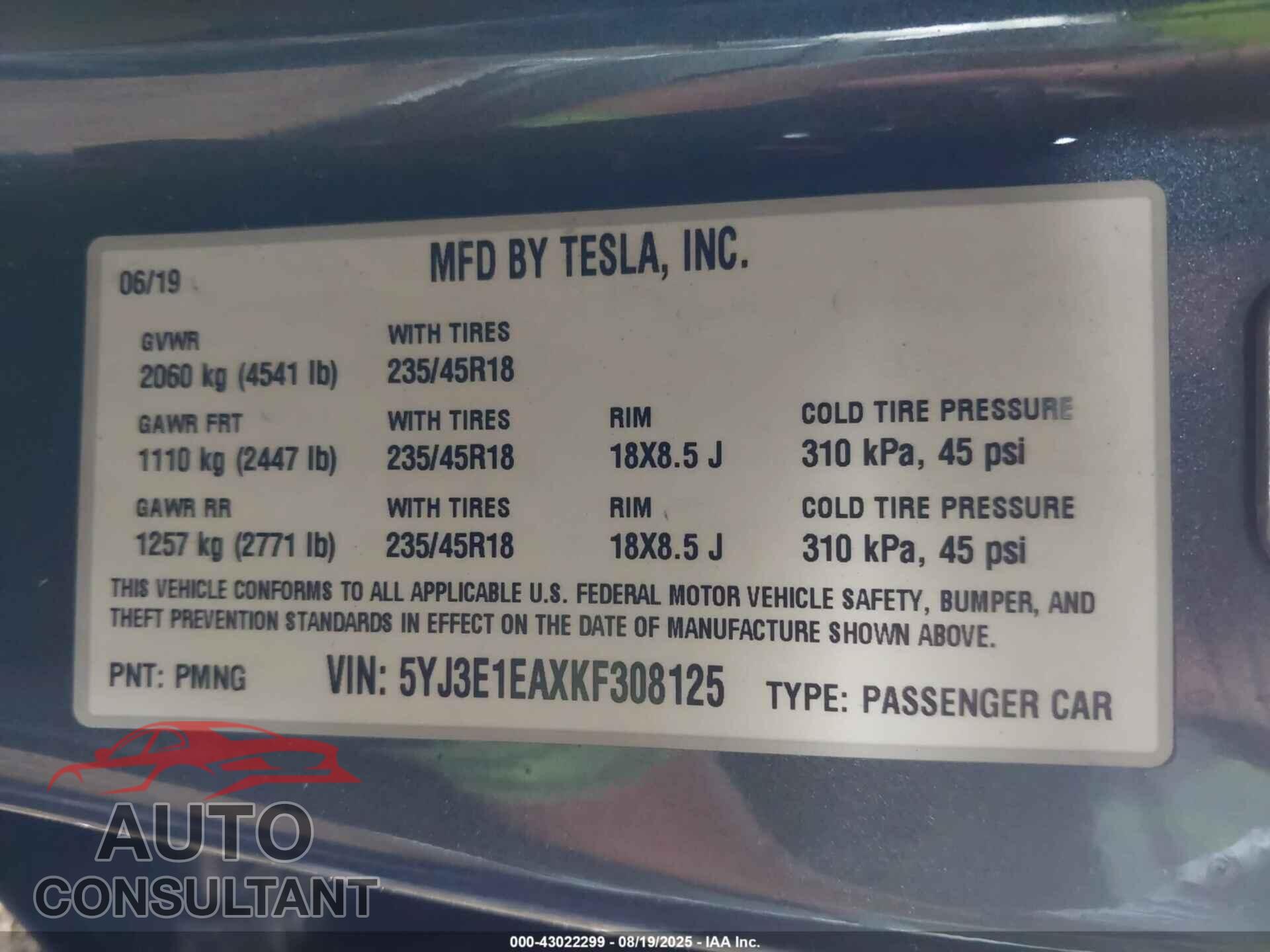 TESLA MODEL 3 2019 - 5YJ3E1EAXKF308125