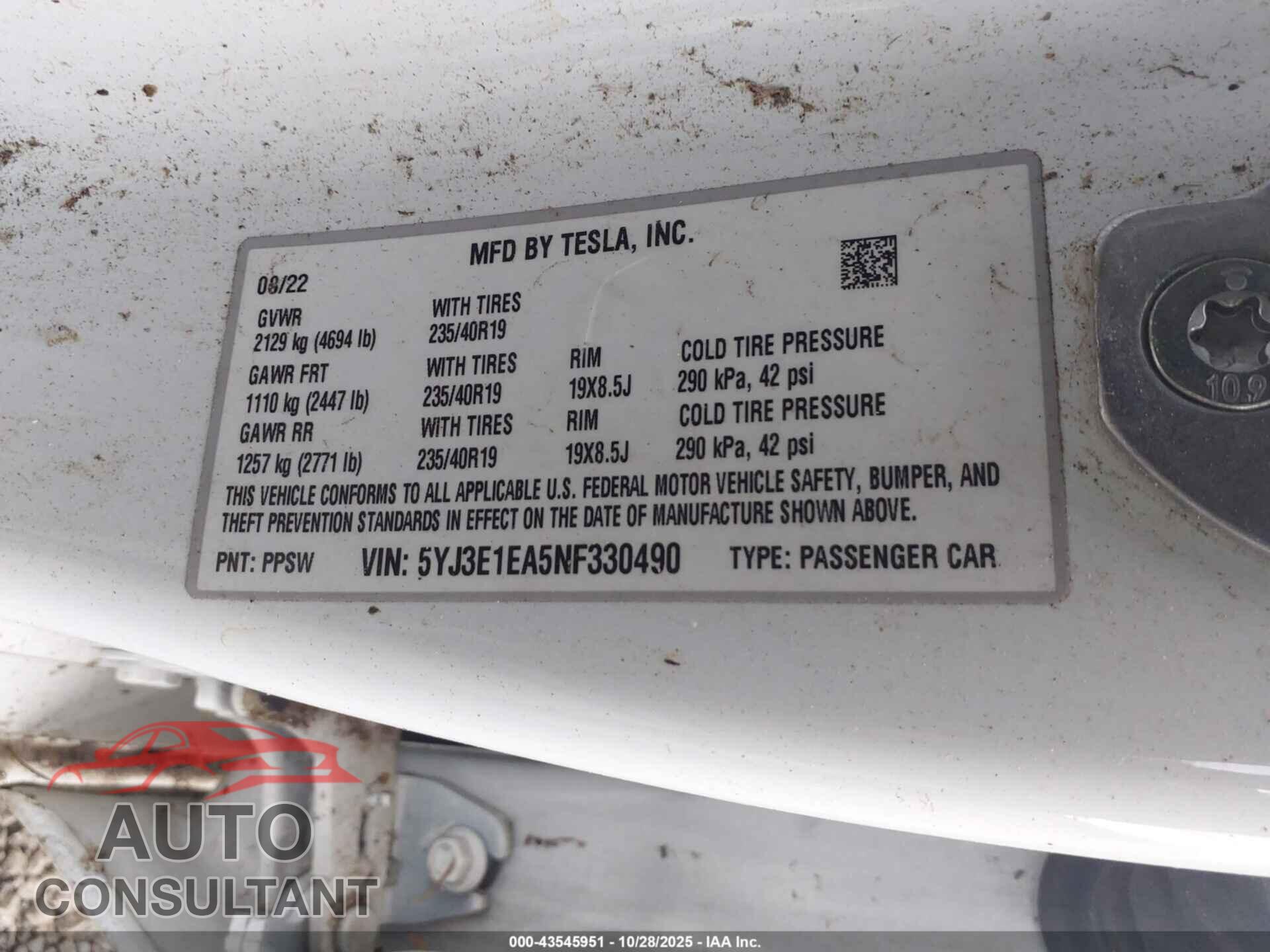 TESLA MODEL 3 2022 - 5YJ3E1EA5NF330490