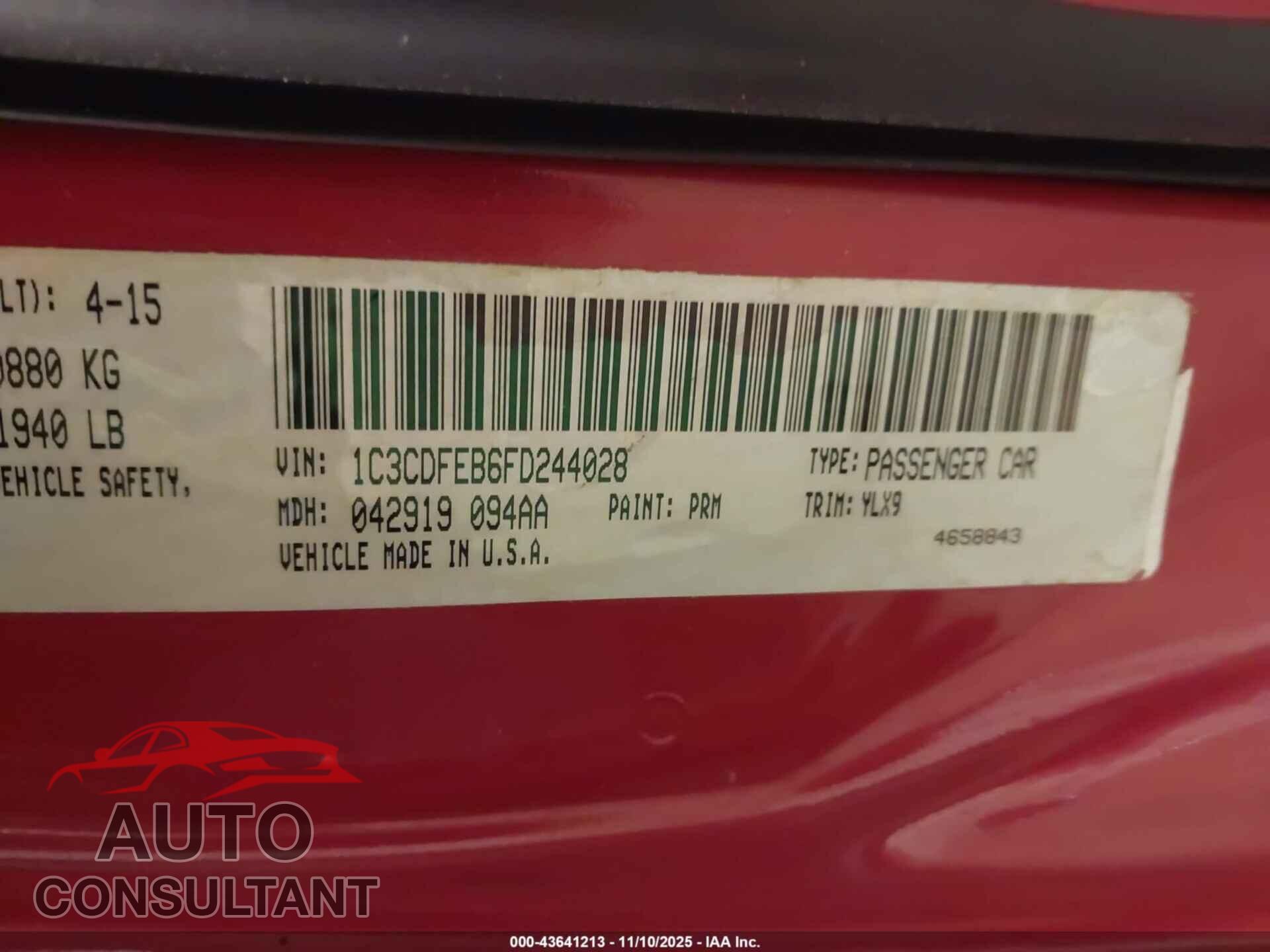 DODGE DART 2015 - 1C3CDFEB6FD244028