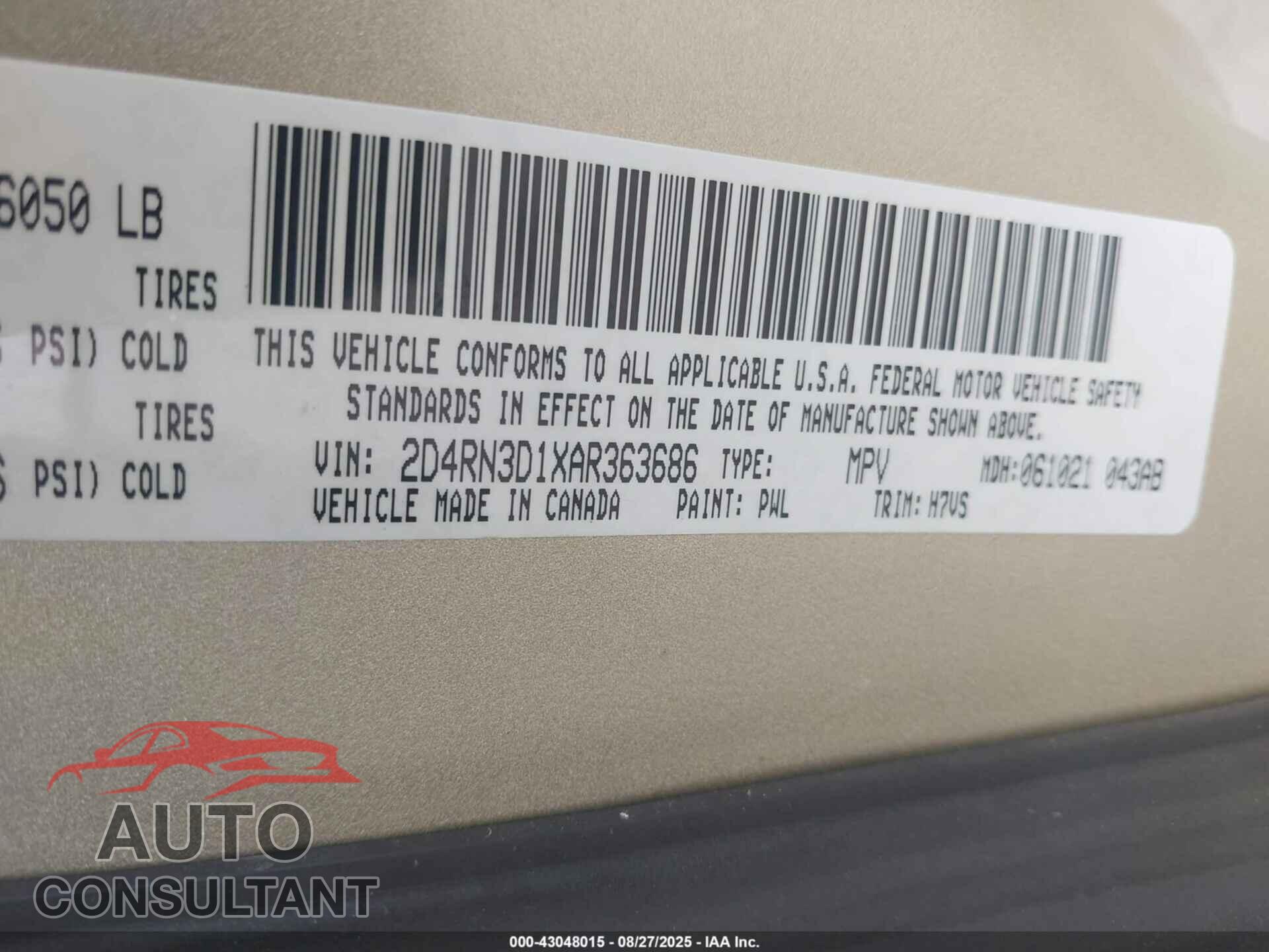 DODGE GRAND CARAVAN 2010 - 2D4RN3D1XAR363686