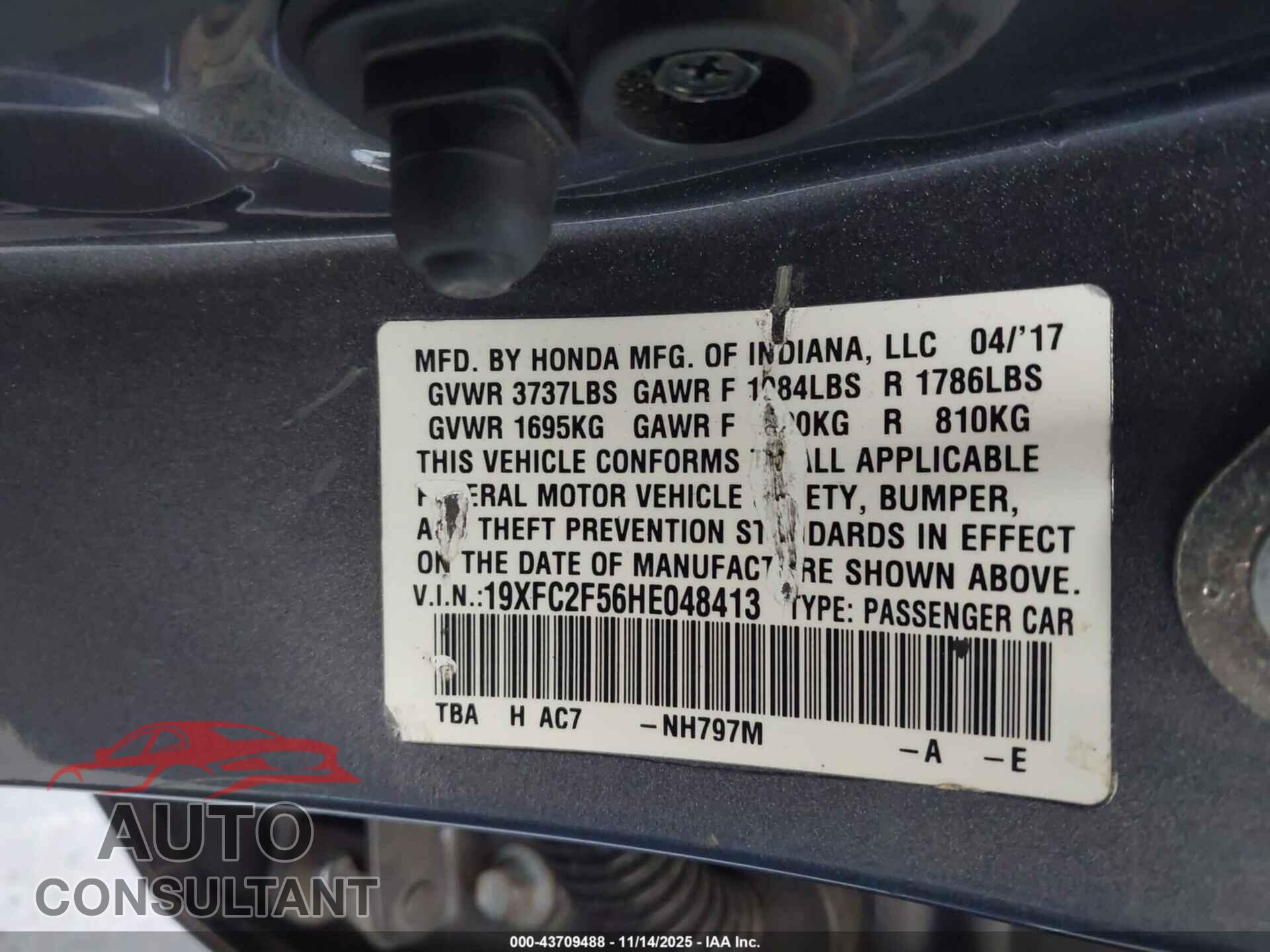 HONDA CIVIC 2017 - 19XFC2F56HE048413