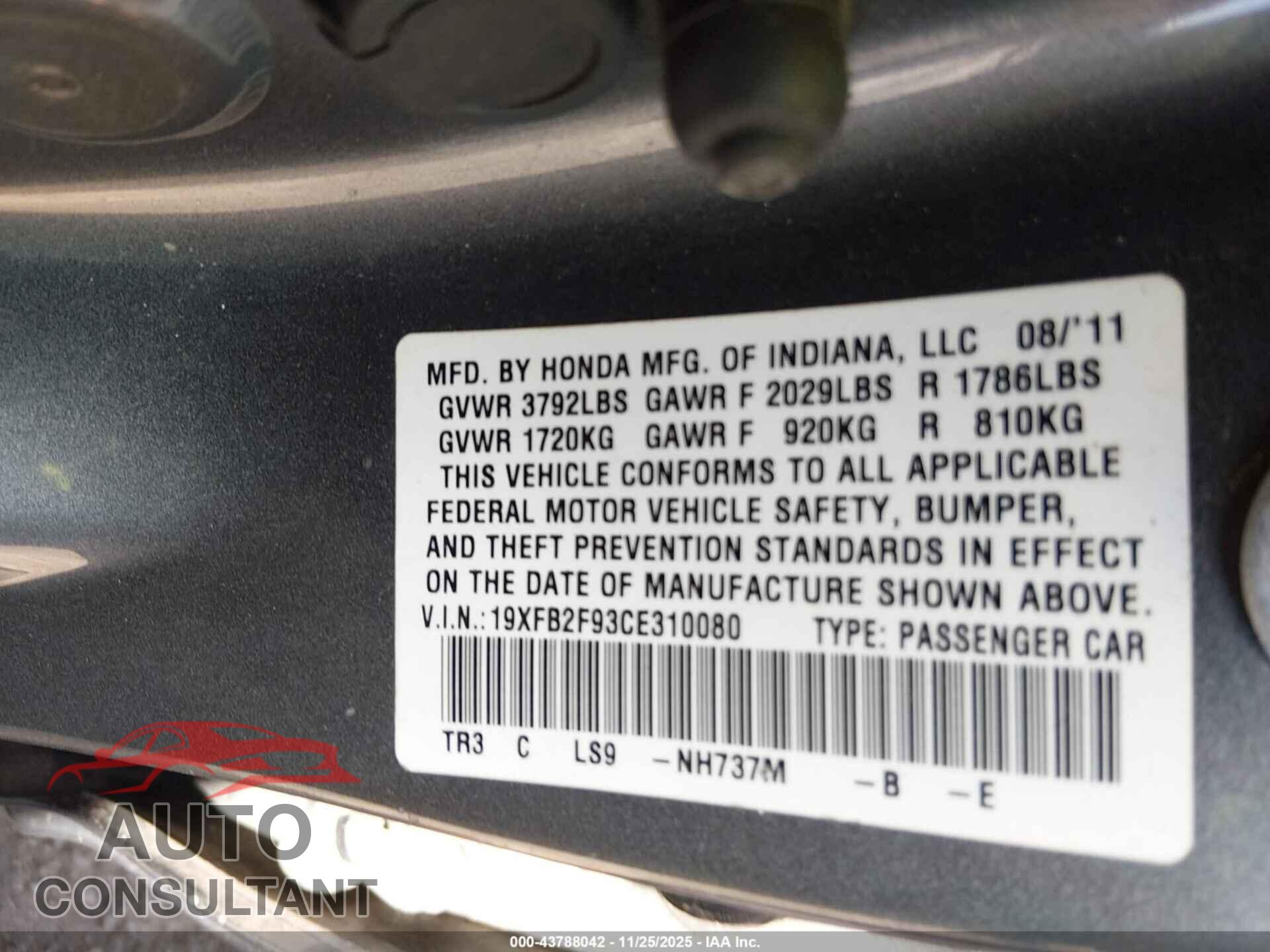 HONDA CIVIC 2012 - 19XFB2F93CE310080
