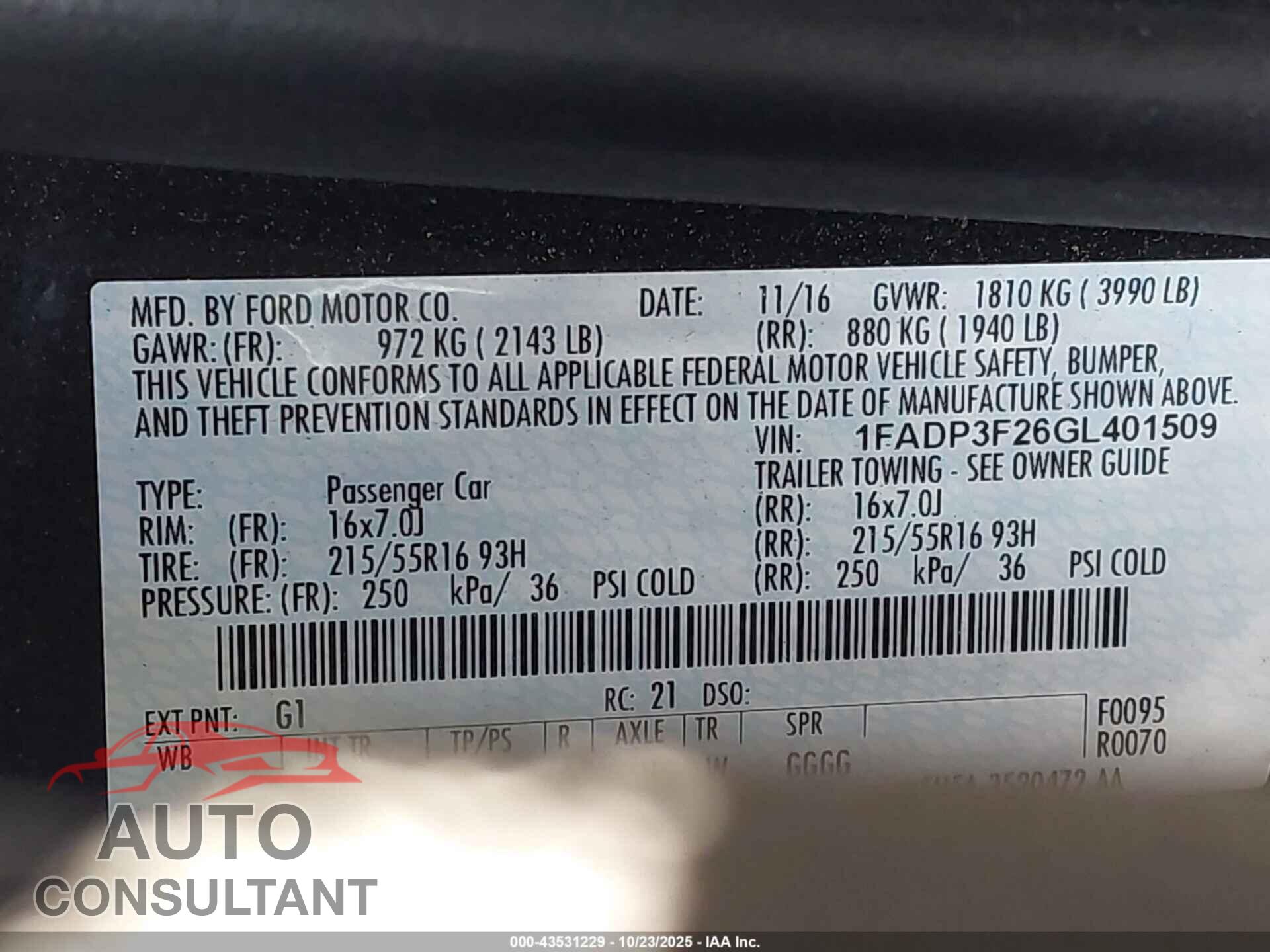 FORD FOCUS 2016 - 1FADP3F26GL401509