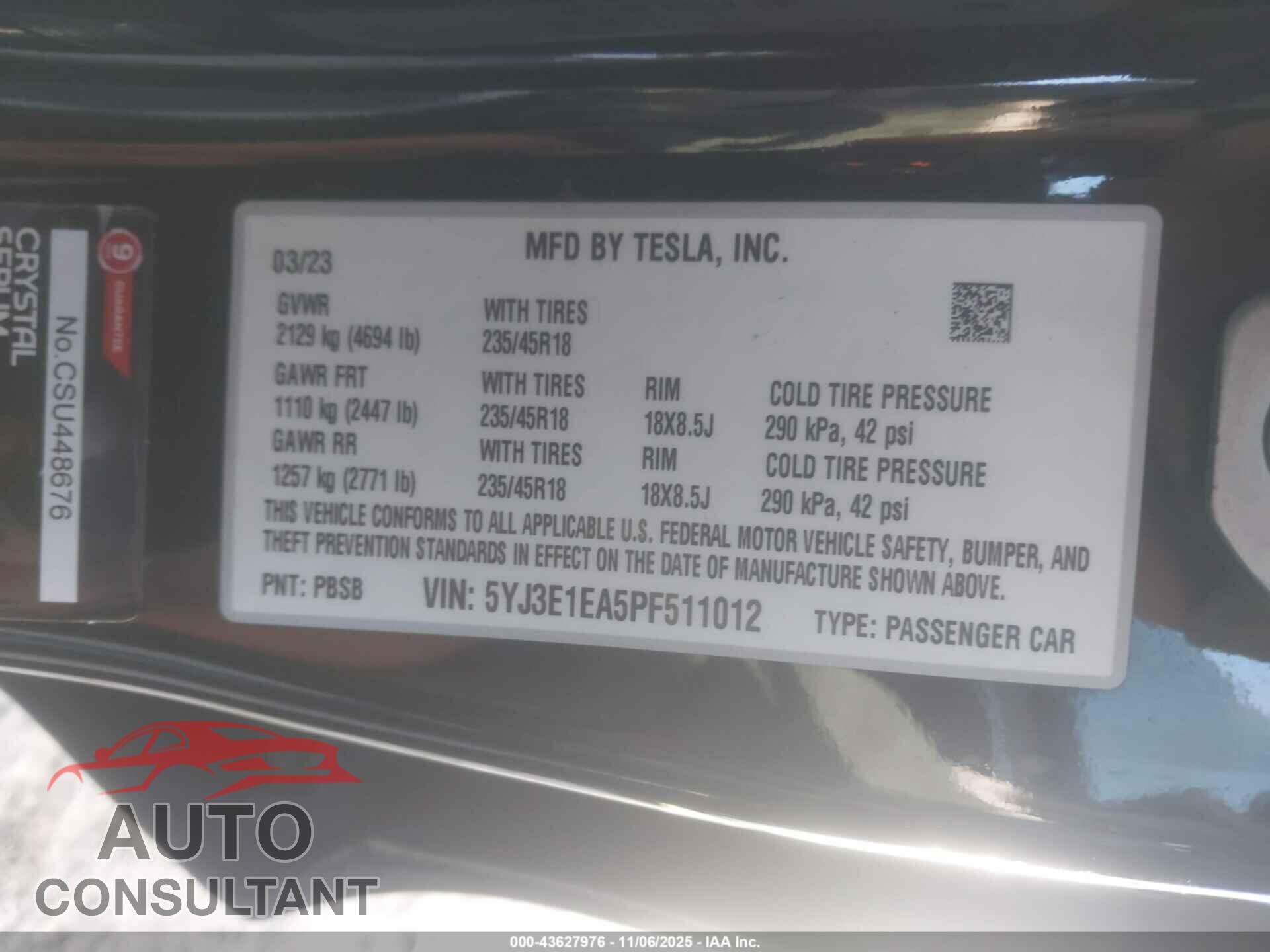 TESLA MODEL 3 2023 - 5YJ3E1EA5PF511012