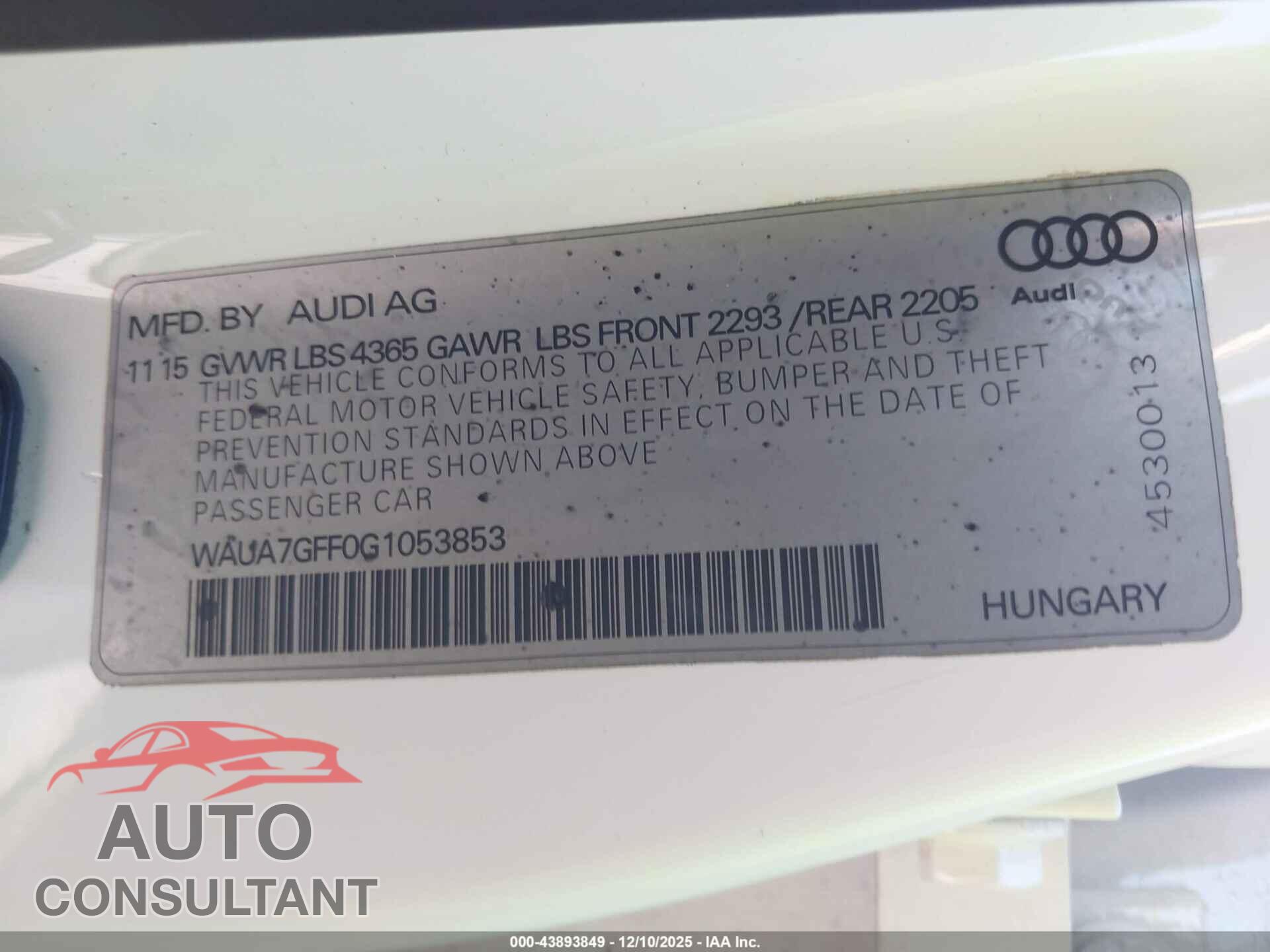 AUDI A3 2016 - WAUA7GFF0G1053853