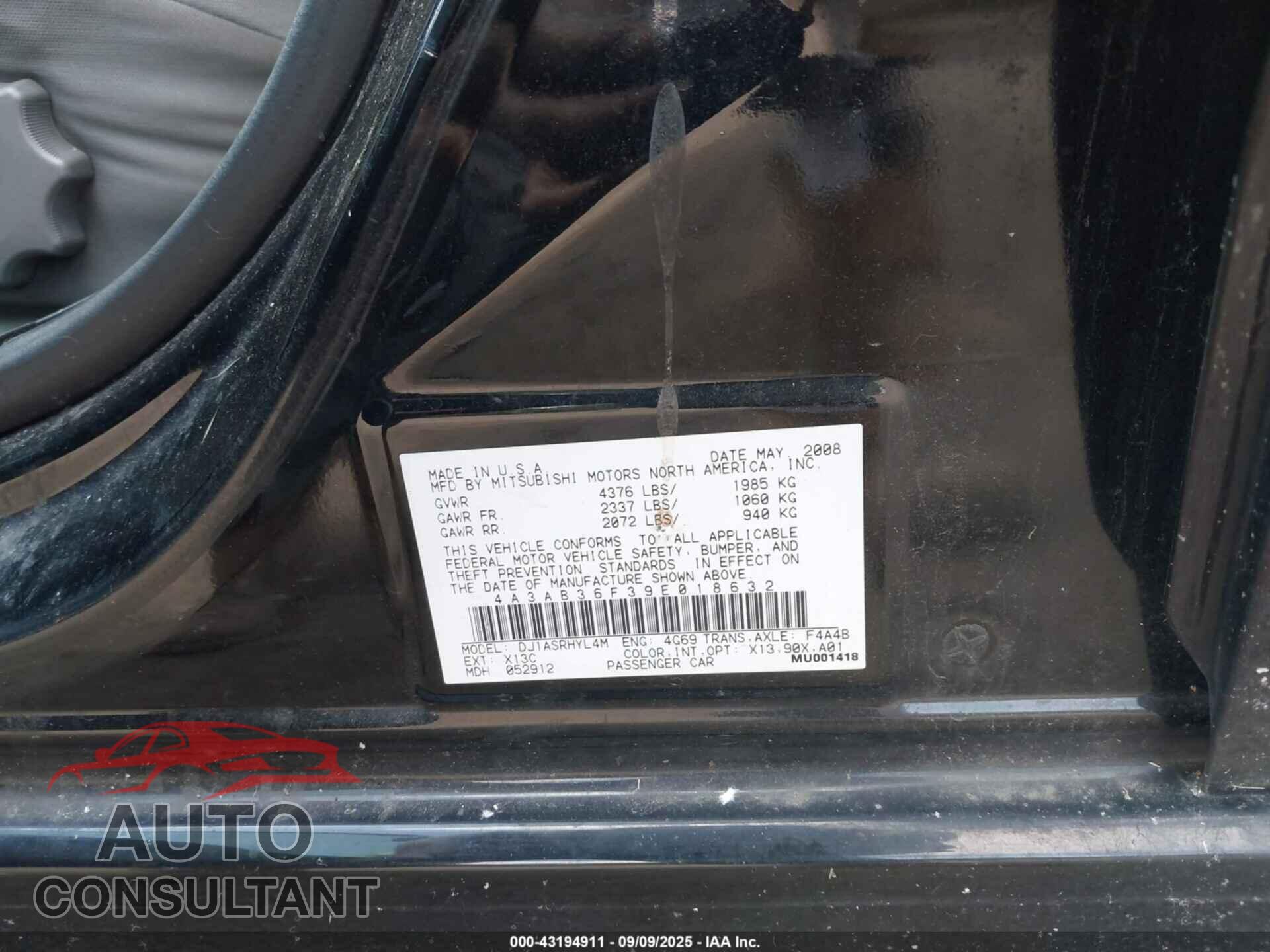 MITSUBISHI GALANT 2009 - 4A3AB36F39E018632