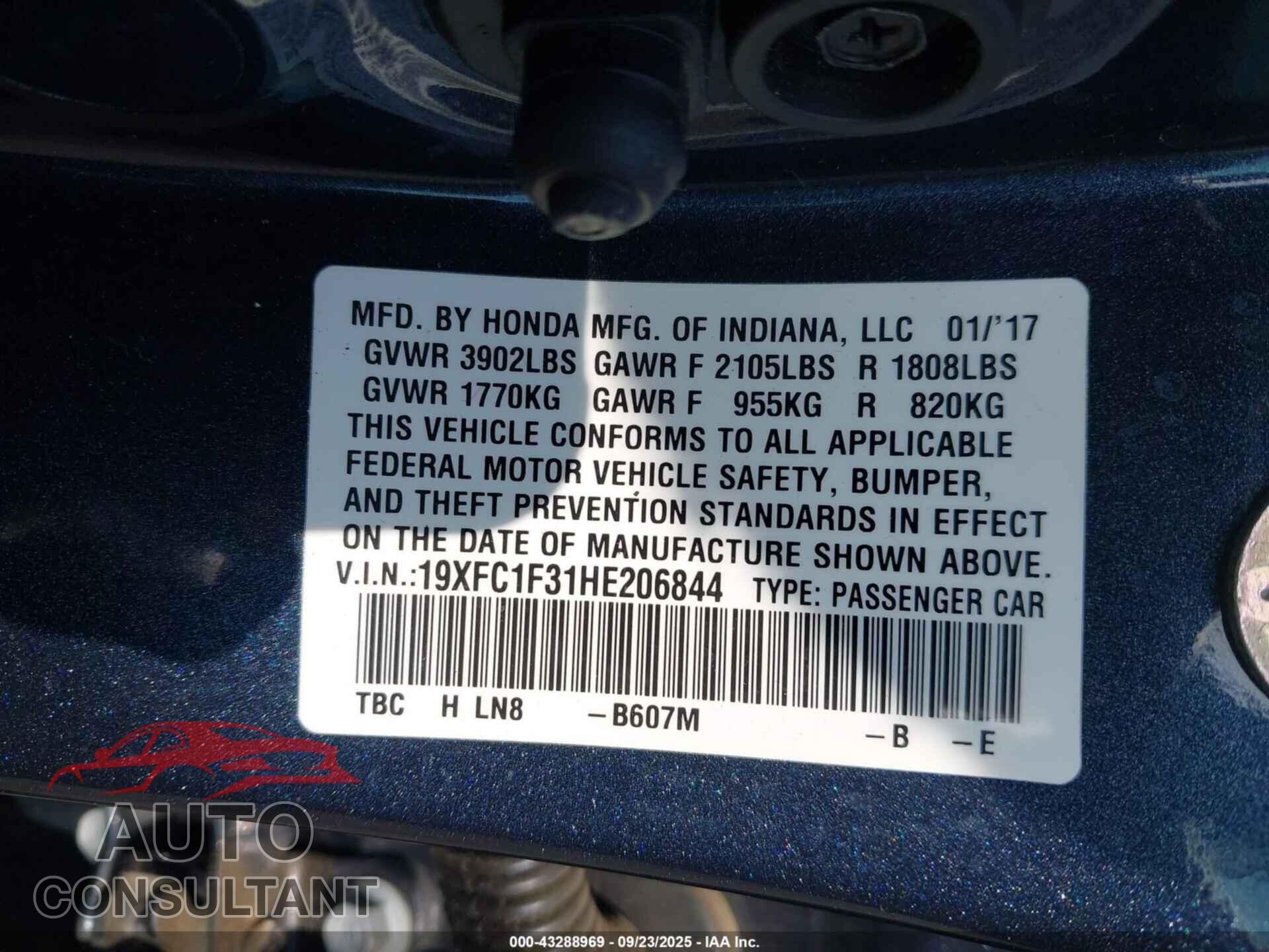 HONDA CIVIC 2017 - 19XFC1F31HE206844