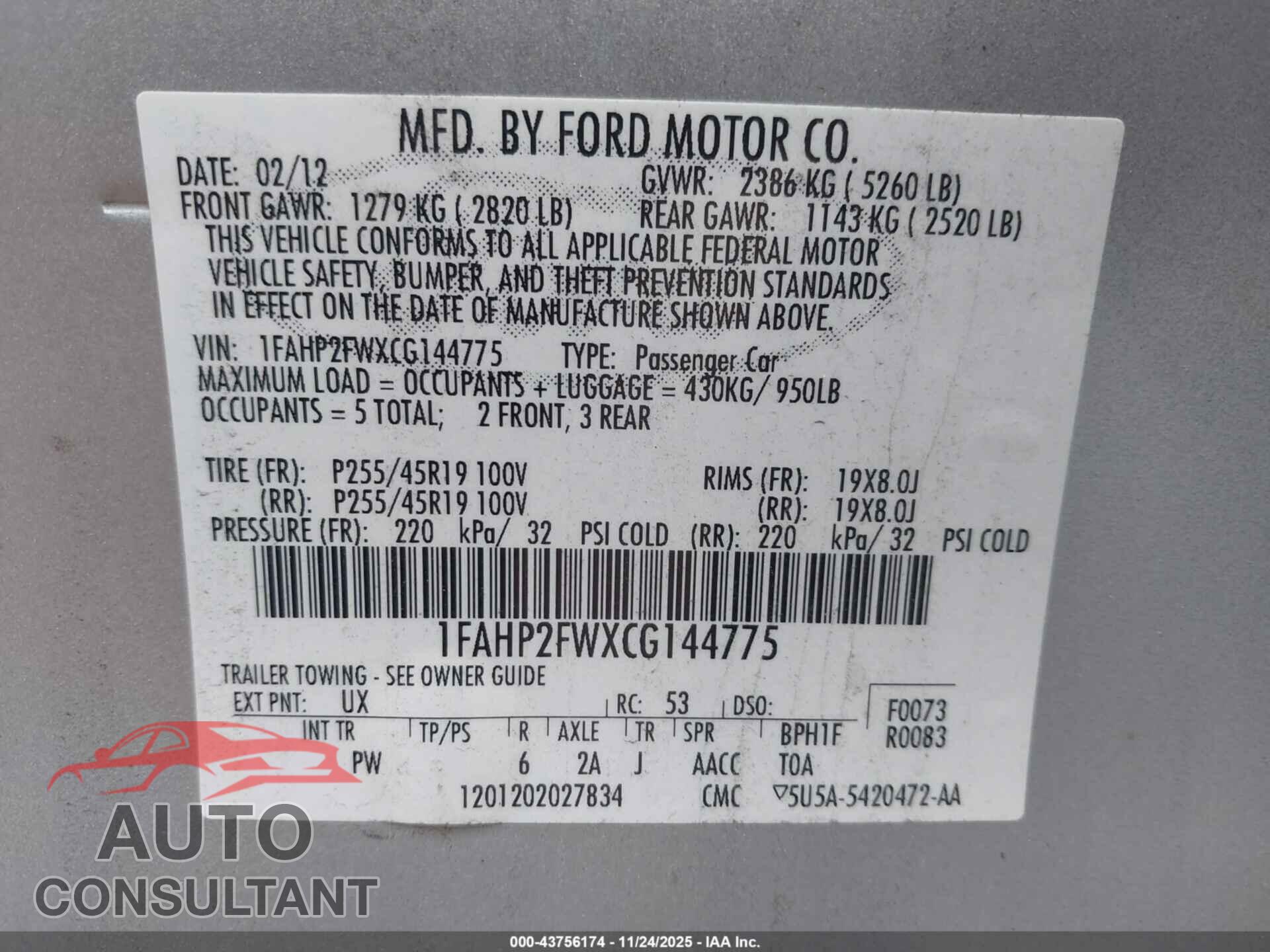 FORD TAURUS 2012 - 1FAHP2FWXCG144775