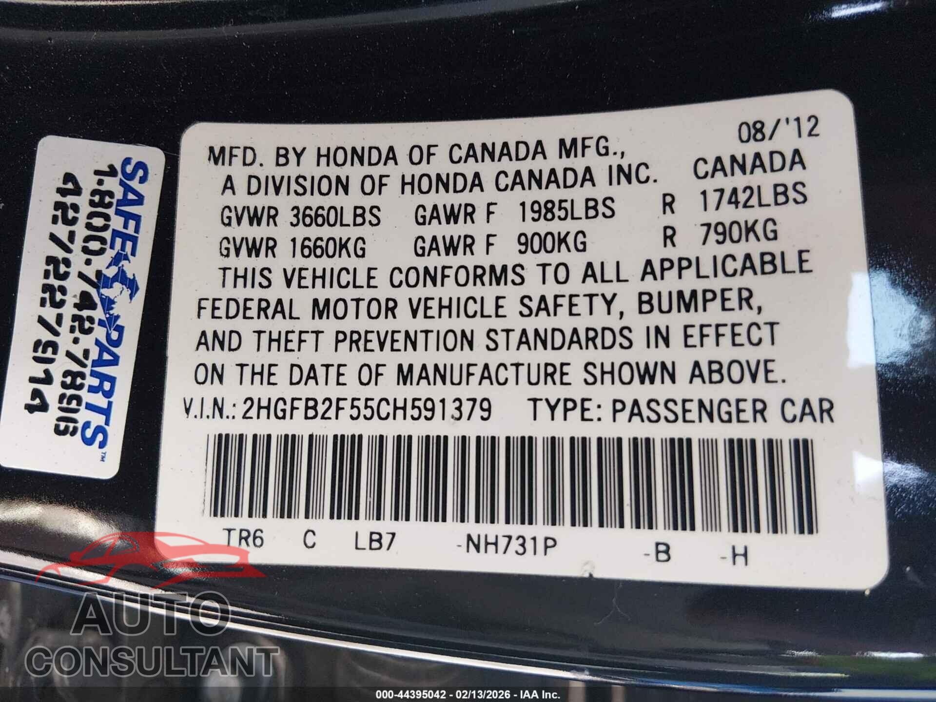 HONDA CIVIC 2012 - 2HGFB2F55CH591379
