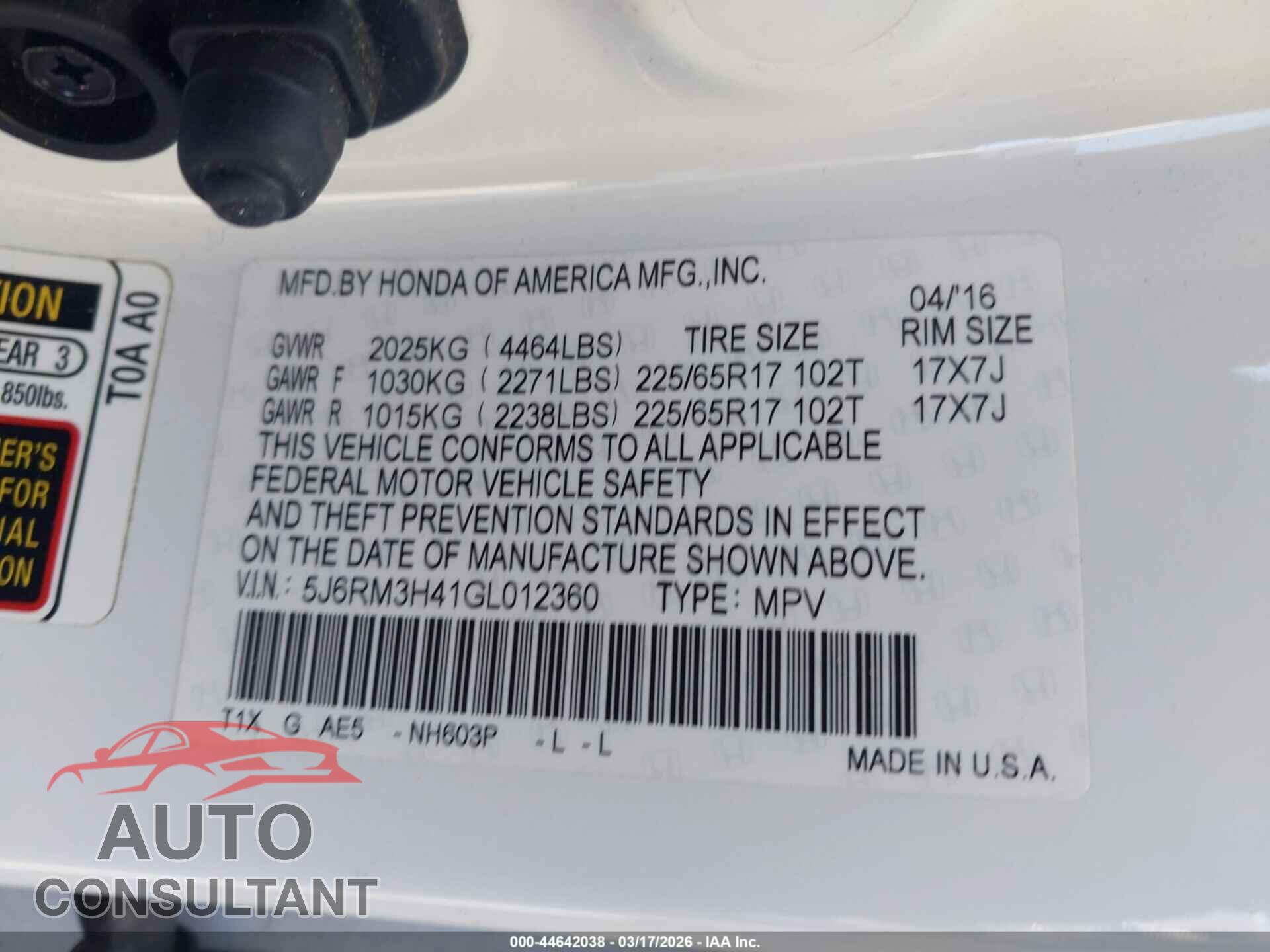 HONDA CR-V 2016 - 5J6RM3H41GL012360