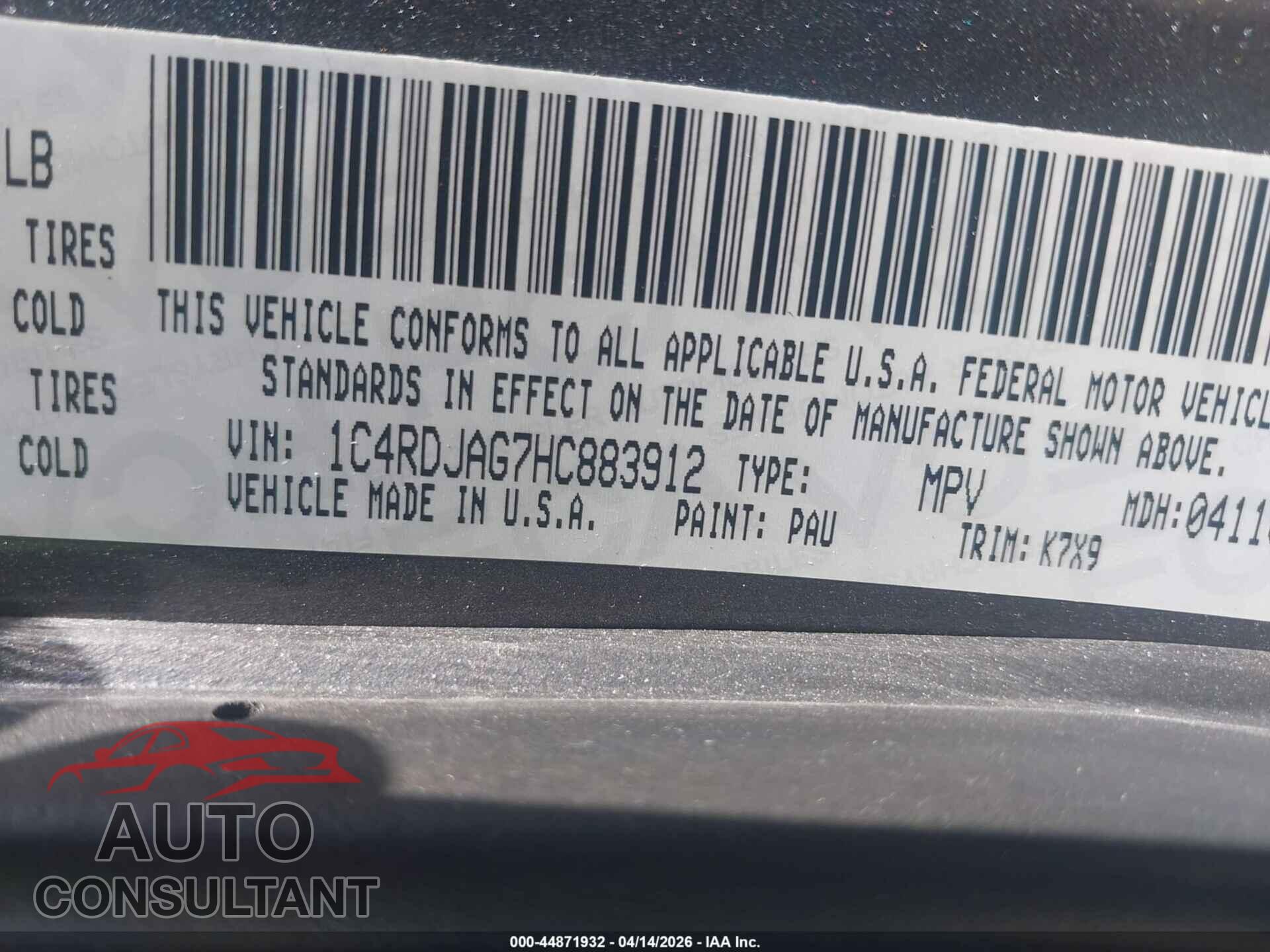 DODGE DURANGO 2017 - 1C4RDJAG7HC883912