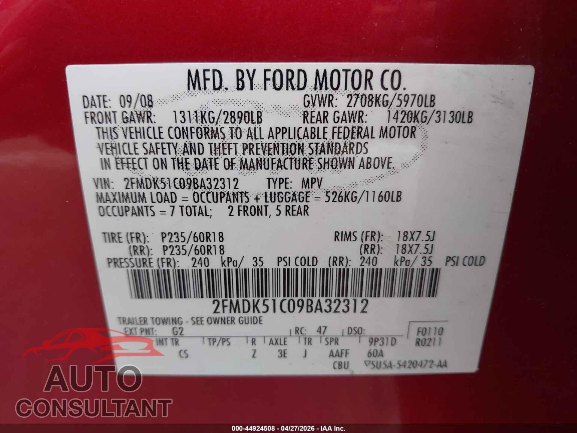 FORD FLEX 2009 - 2FMDK51C09BA32312