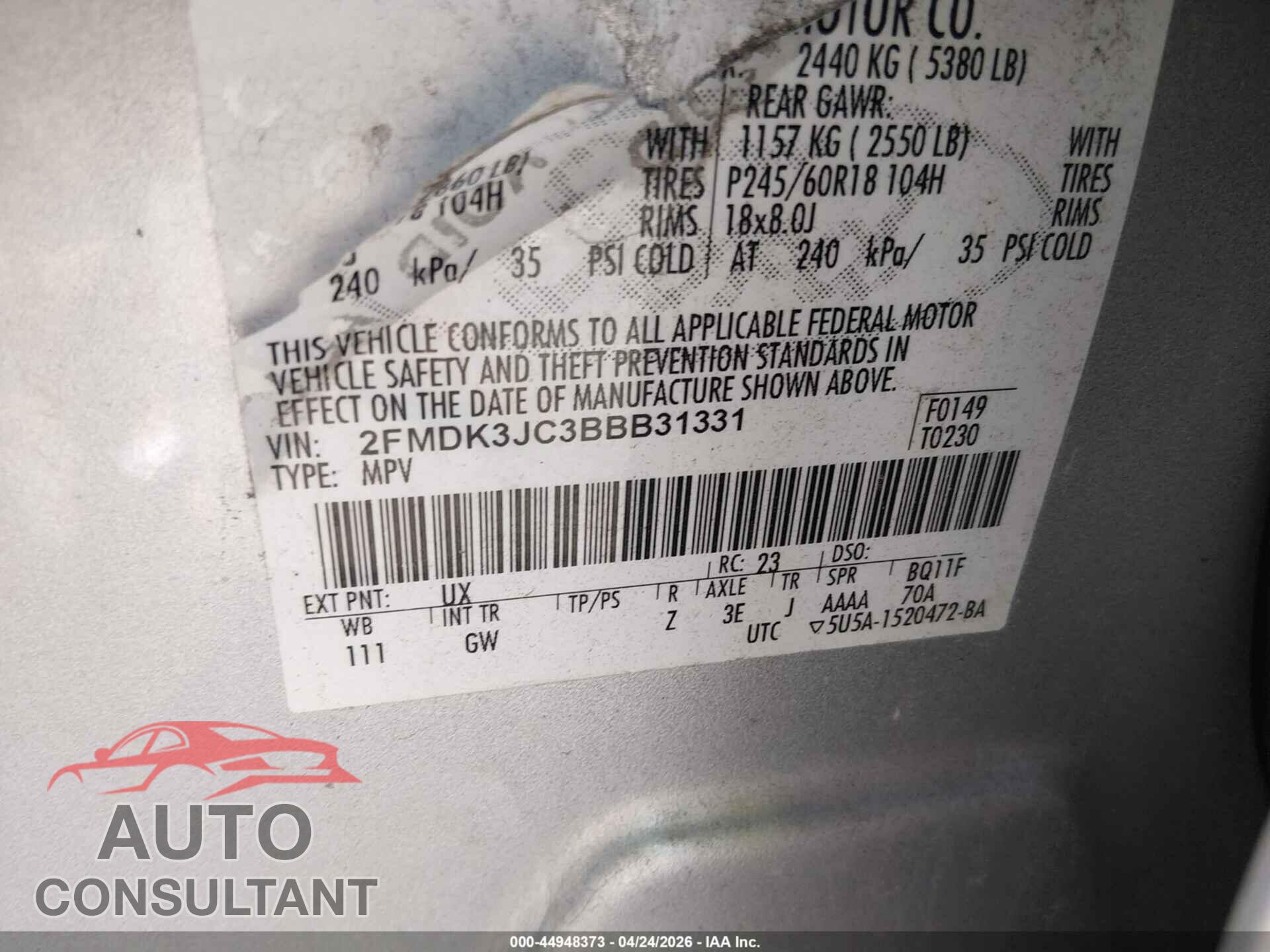 FORD EDGE 2011 - 2FMDK3JC3BBB31331