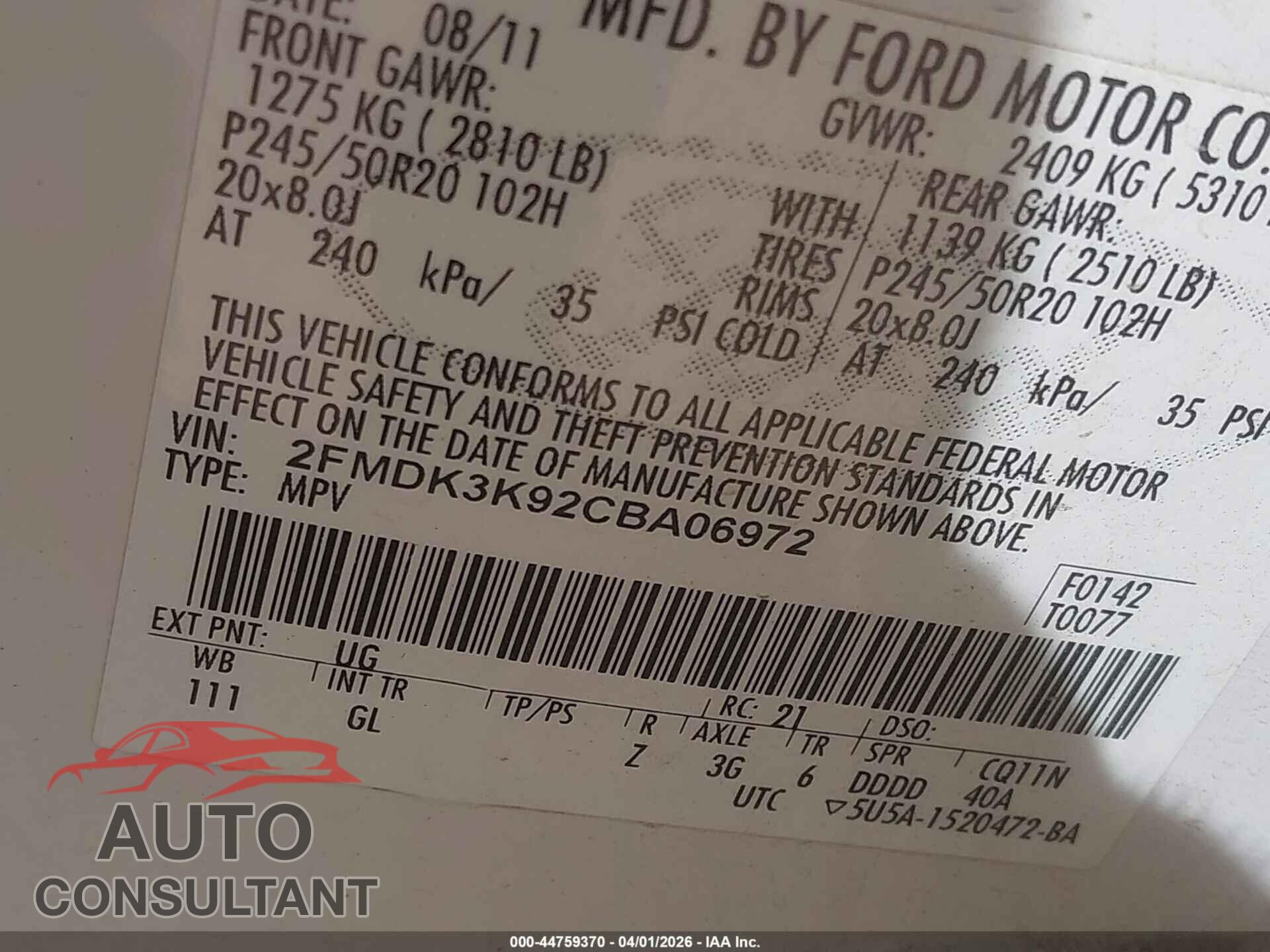 FORD EDGE 2012 - 2FMDK3K92CBA06972