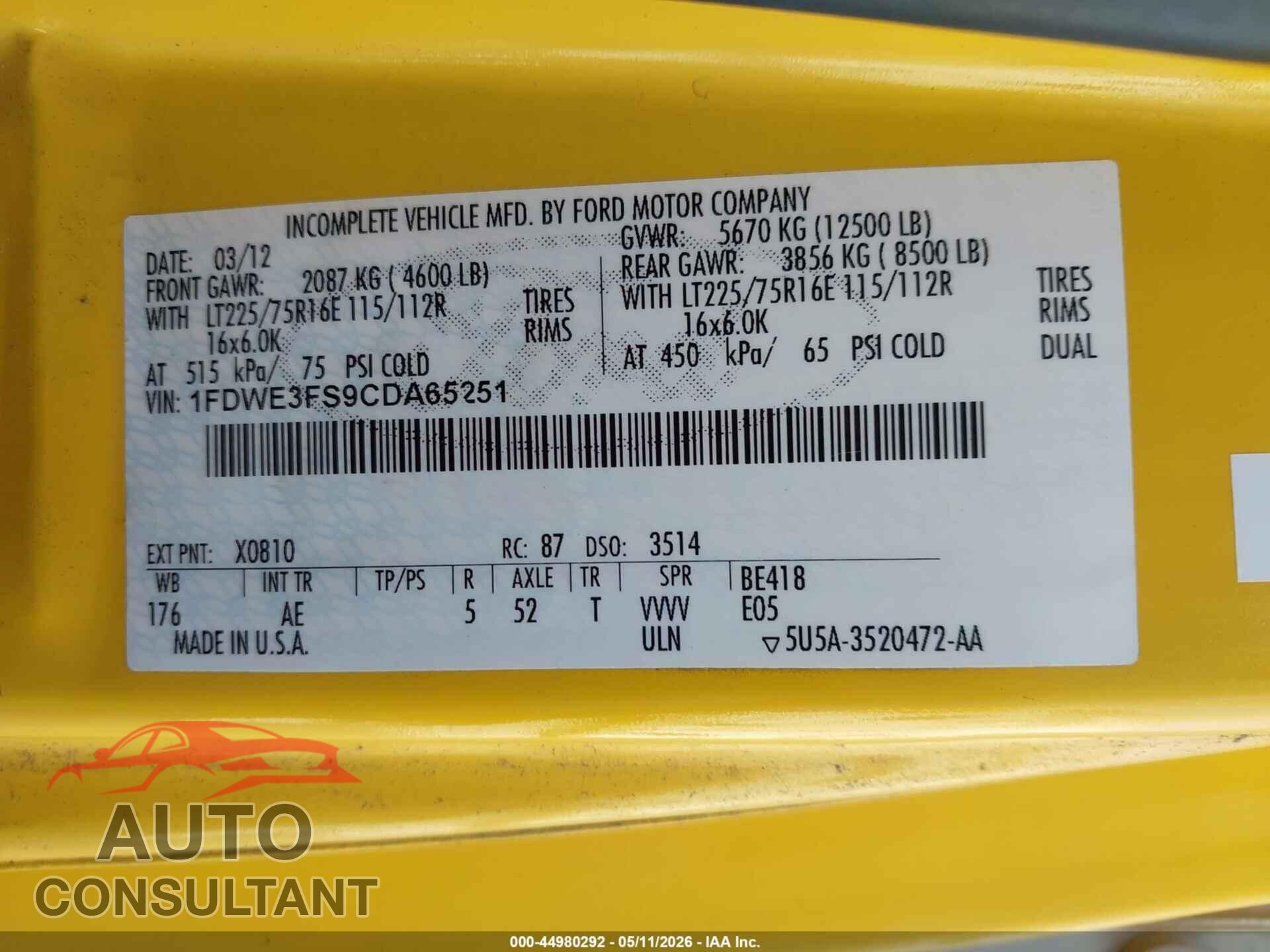 FORD E-350 CUTAWAY 2012 - 1FDWE3FS9CDA65251
