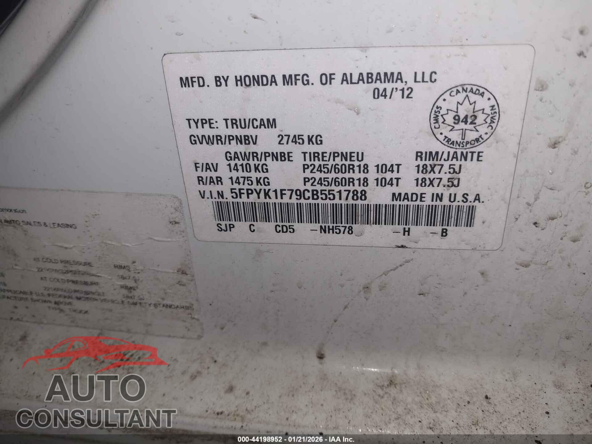 HONDA RIDGELINE 2012 - 5FPYK1F79CB551788