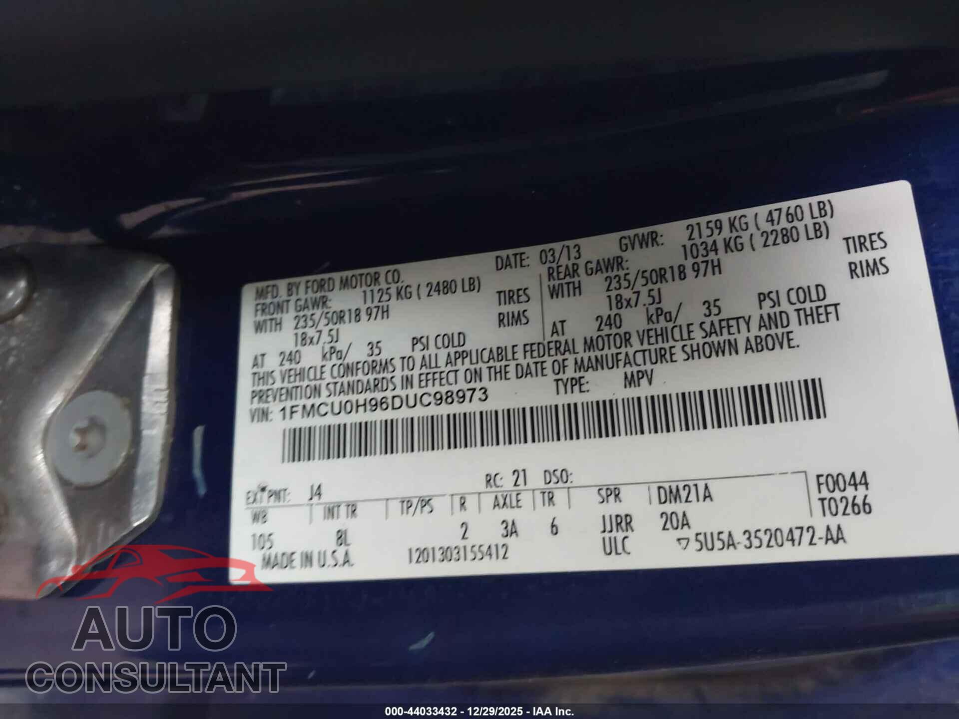 FORD ESCAPE 2013 - 1FMCU0H96DUC98973