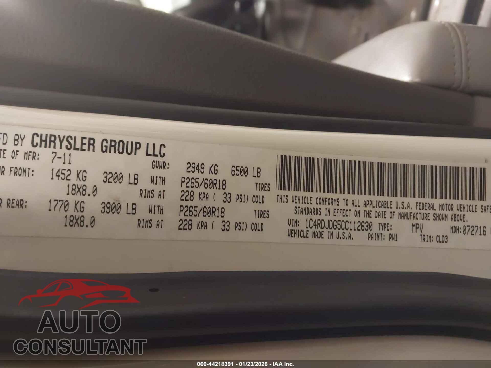 DODGE DURANGO 2012 - 1C4RDJDG5CC112630