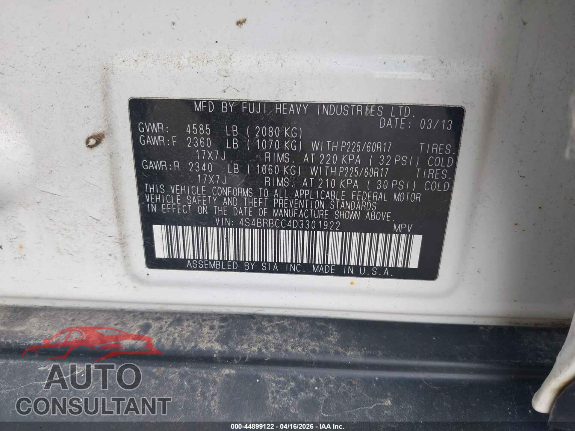 SUBARU OUTBACK 2013 - 4S4BRBCC4D3301922