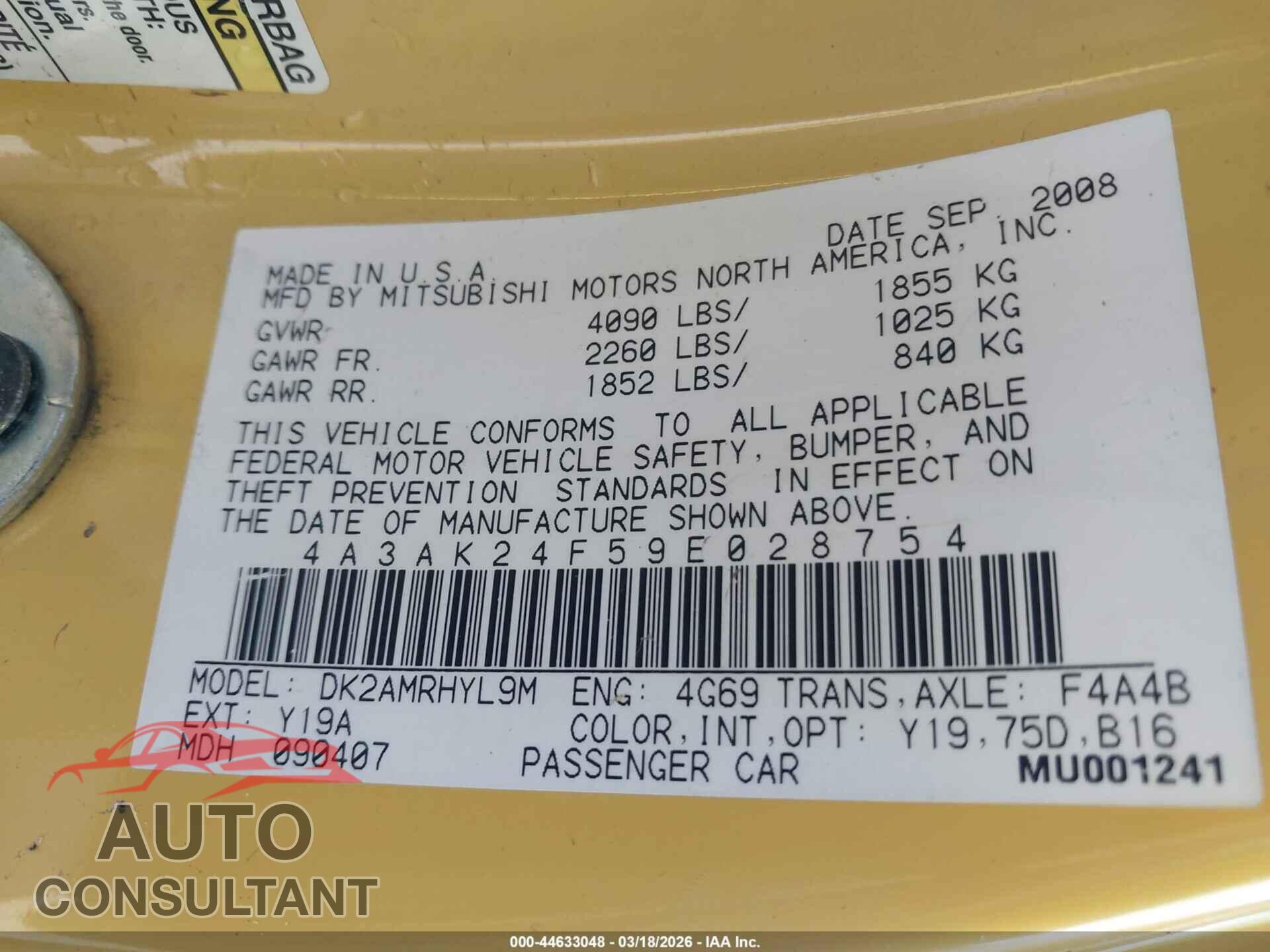 MITSUBISHI ECLIPSE 2009 - 4A3AK24F59E028754