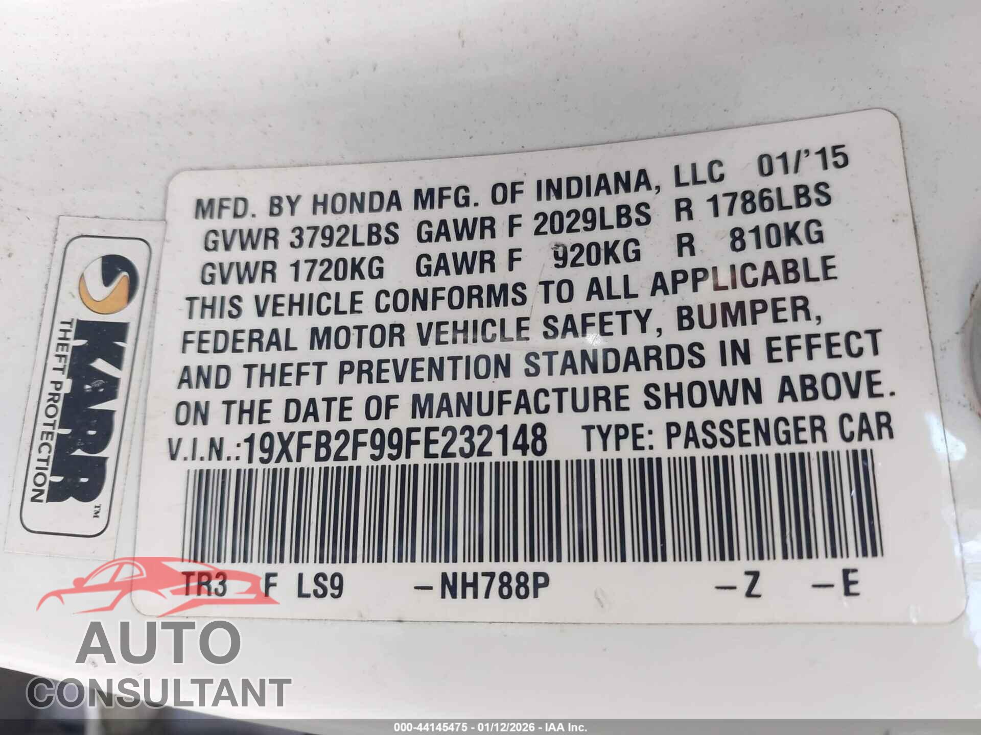 HONDA CIVIC 2015 - 19XFB2F99FE232148