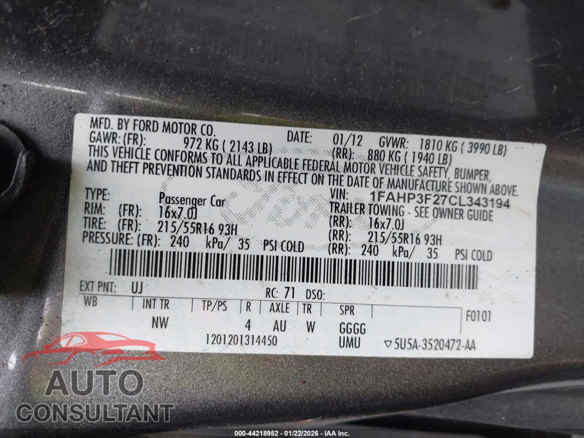 FORD FOCUS 2012 - 1FAHP3F27CL343194