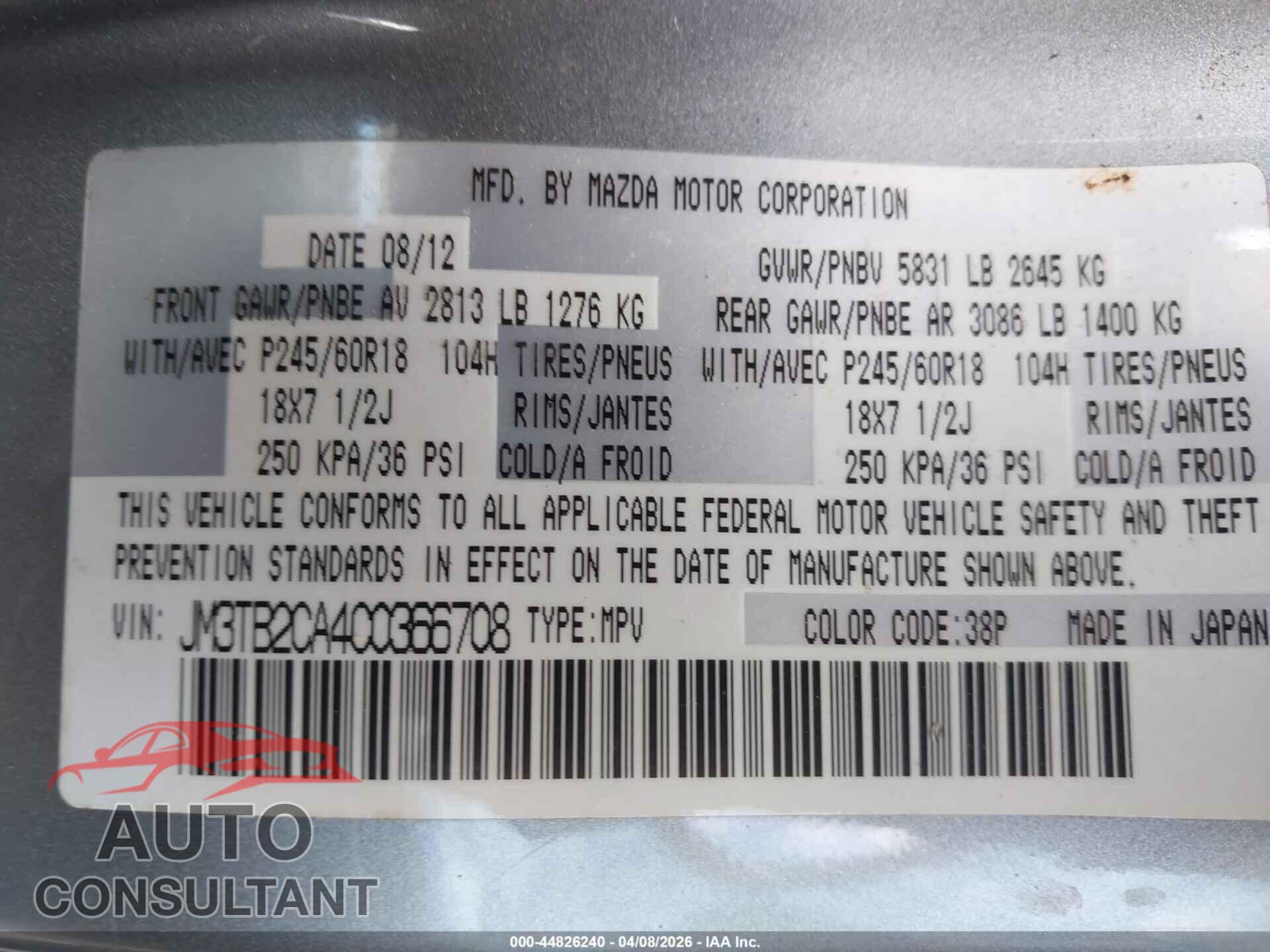 MAZDA CX-9 2012 - JM3TB2CA4C0366708