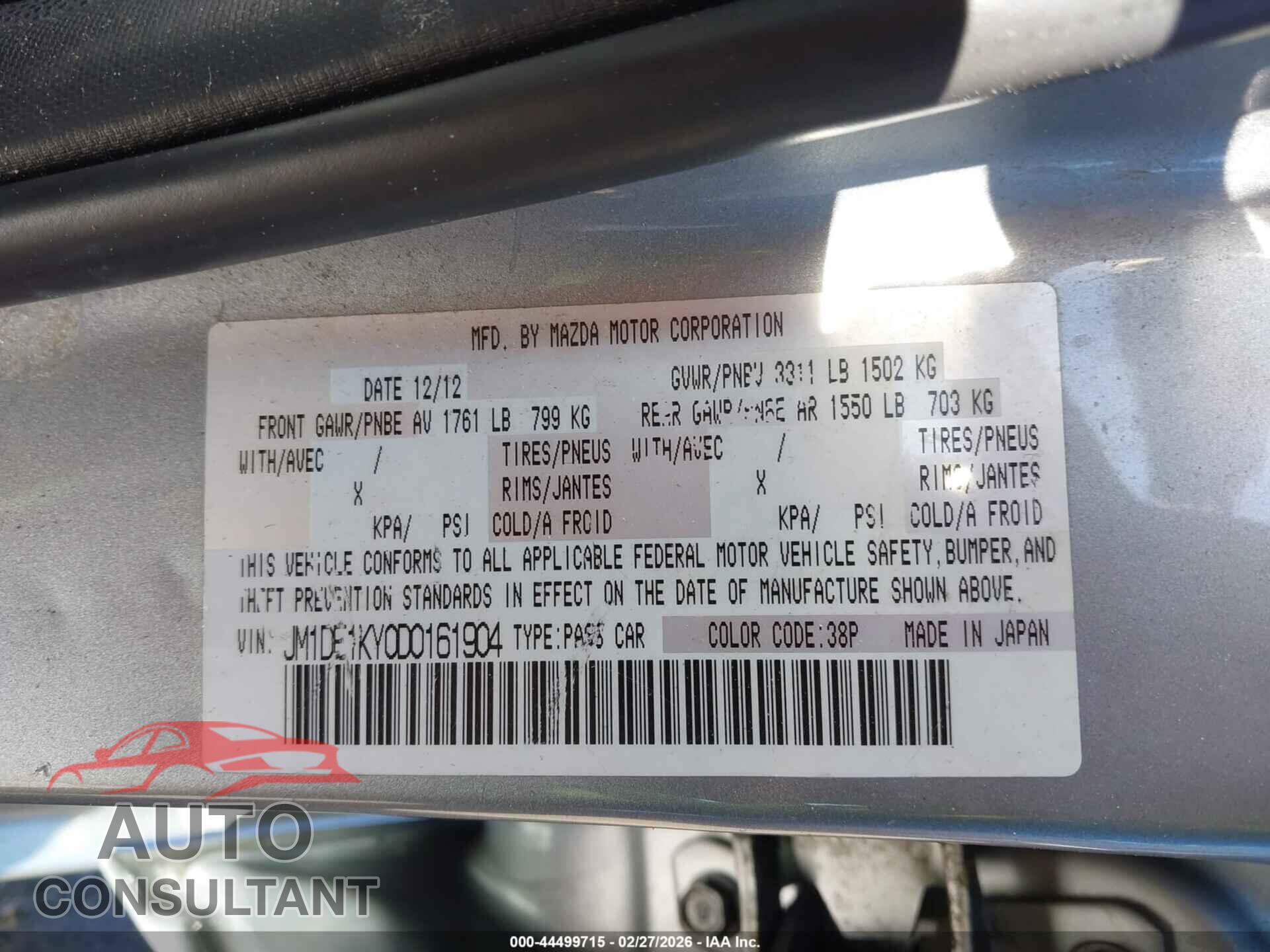 MAZDA MAZDA2 2013 - JM1DE1KY0D0161904