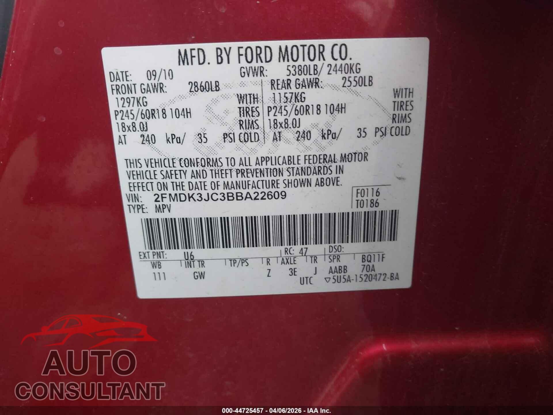 FORD EDGE 2011 - 2FMDK3JC3BBA22609