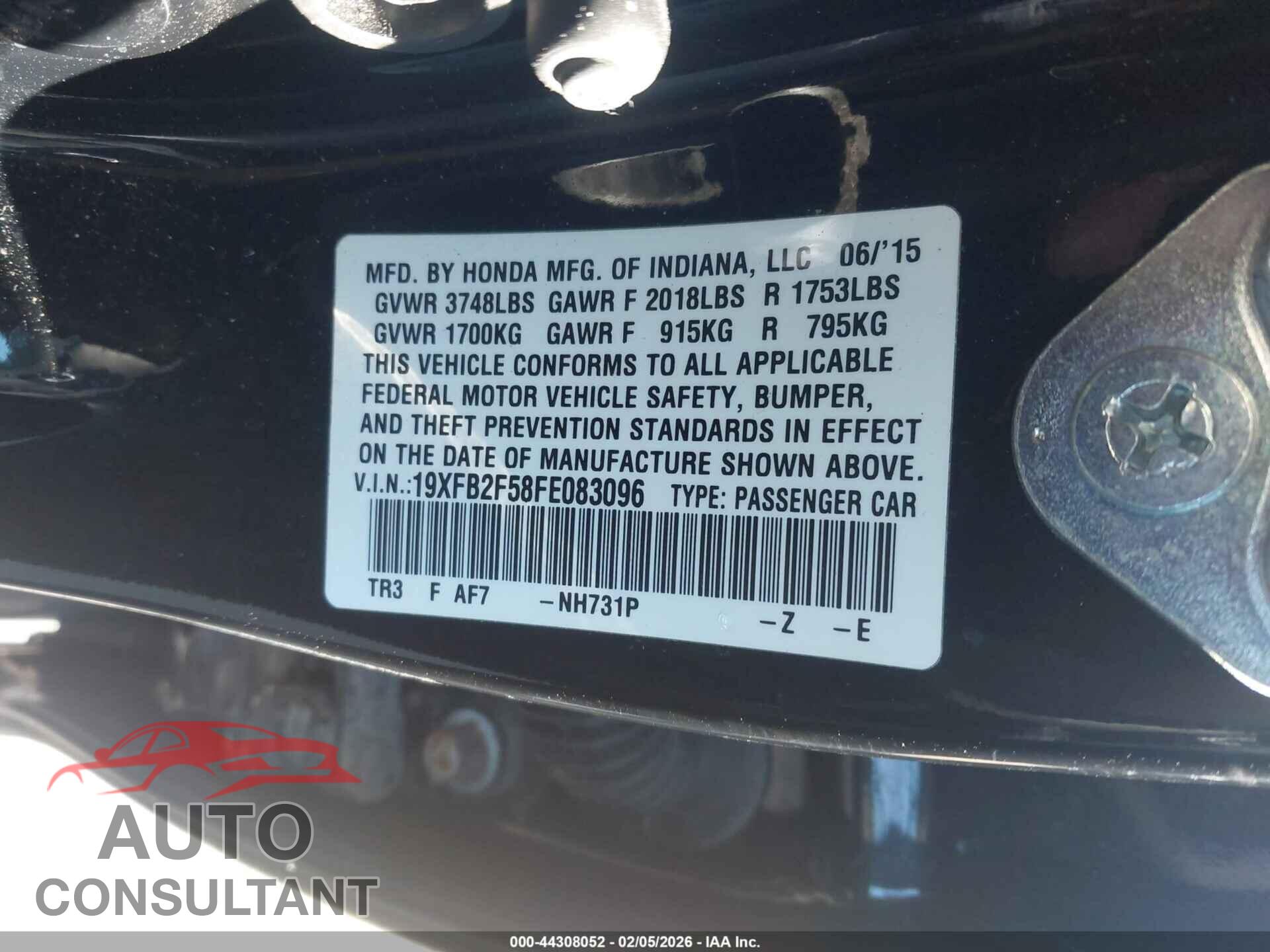 HONDA CIVIC 2015 - 19XFB2F58FE083096