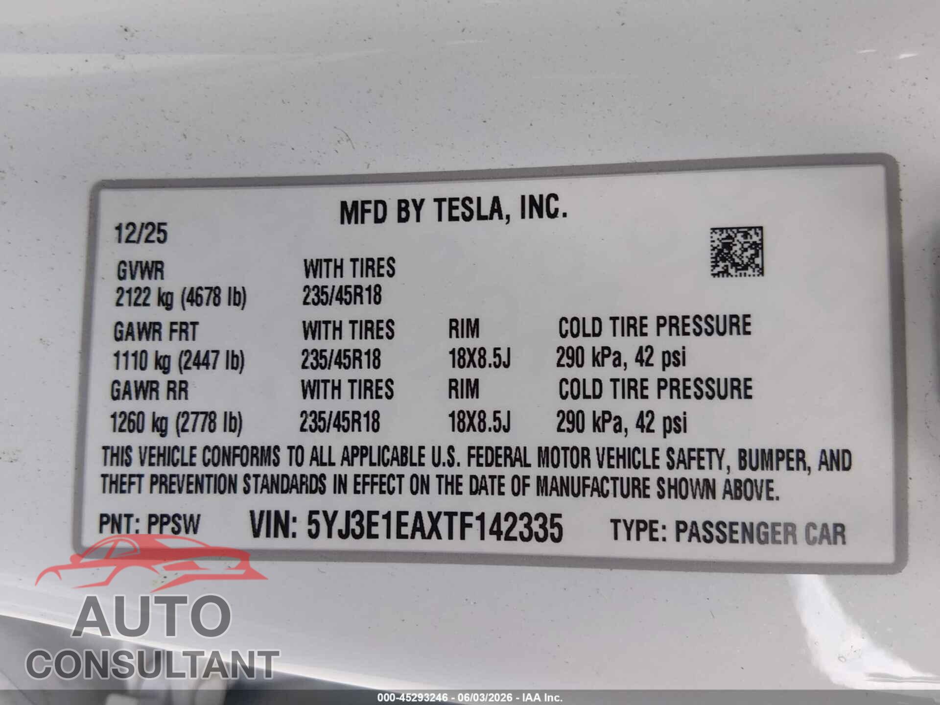 TESLA MODEL 3 2026 - 5YJ3E1EAXTF142335