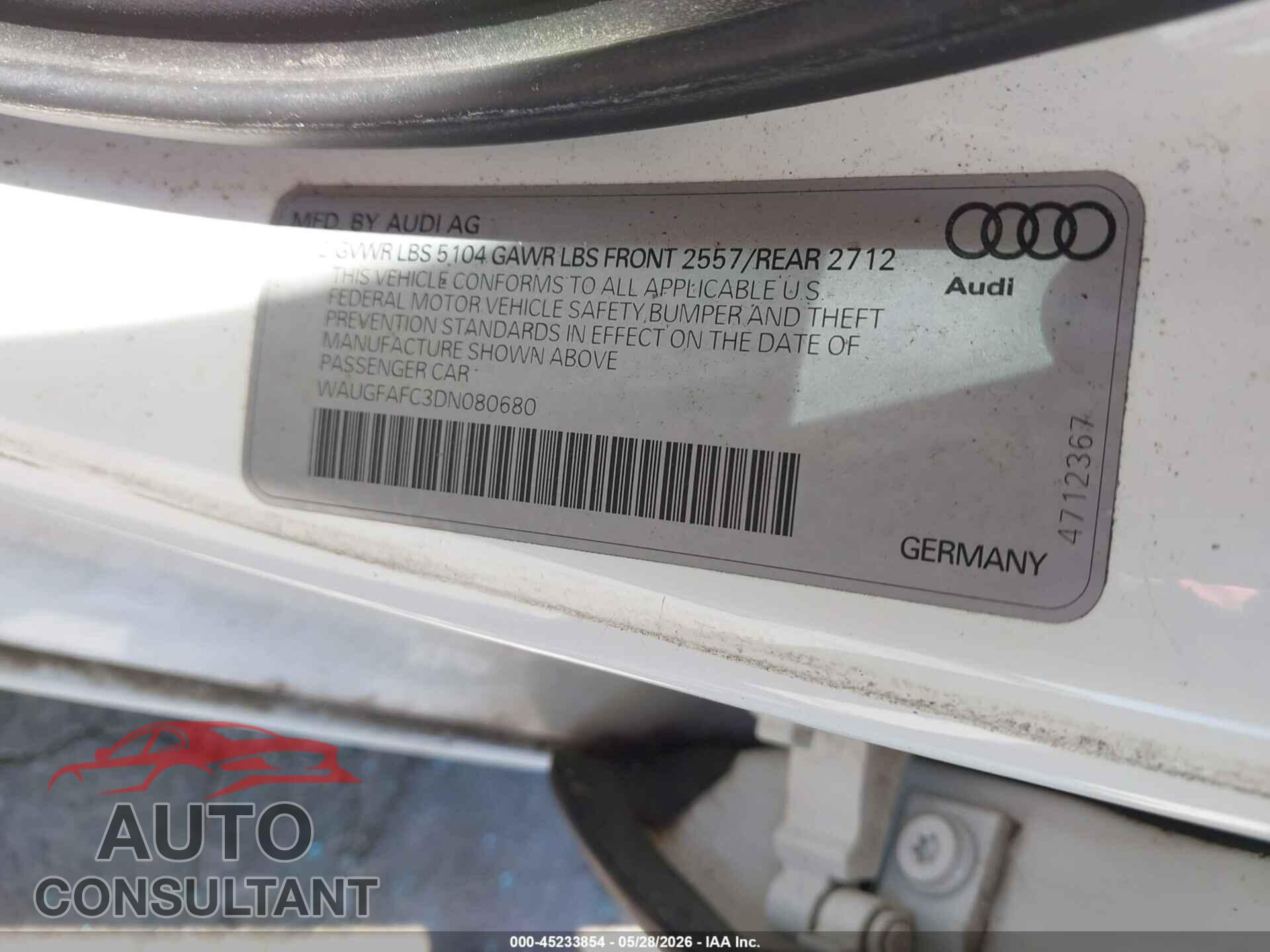AUDI A6 2013 - WAUGFAFC3DN080680