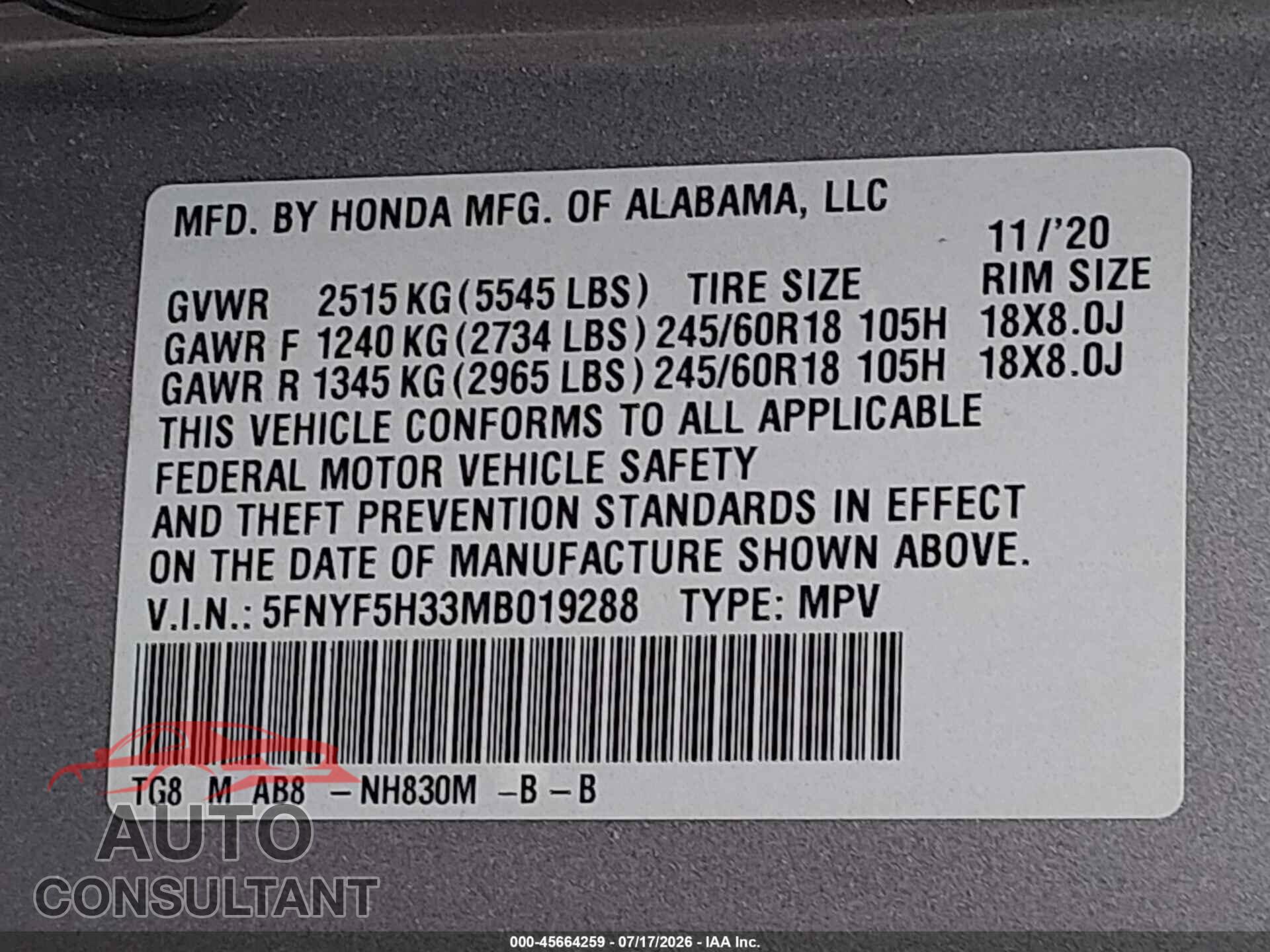 HONDA PILOT 2021 - 5FNYF5H33MB019288