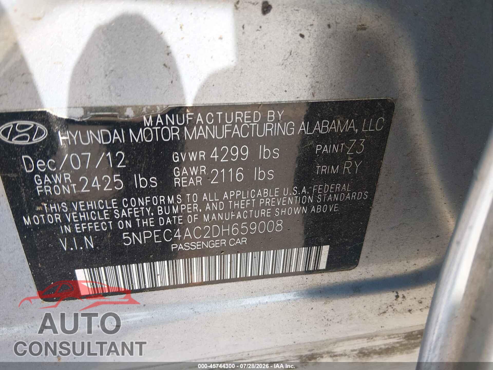 HYUNDAI SONATA 2013 - 5NPEC4AC2DH659008