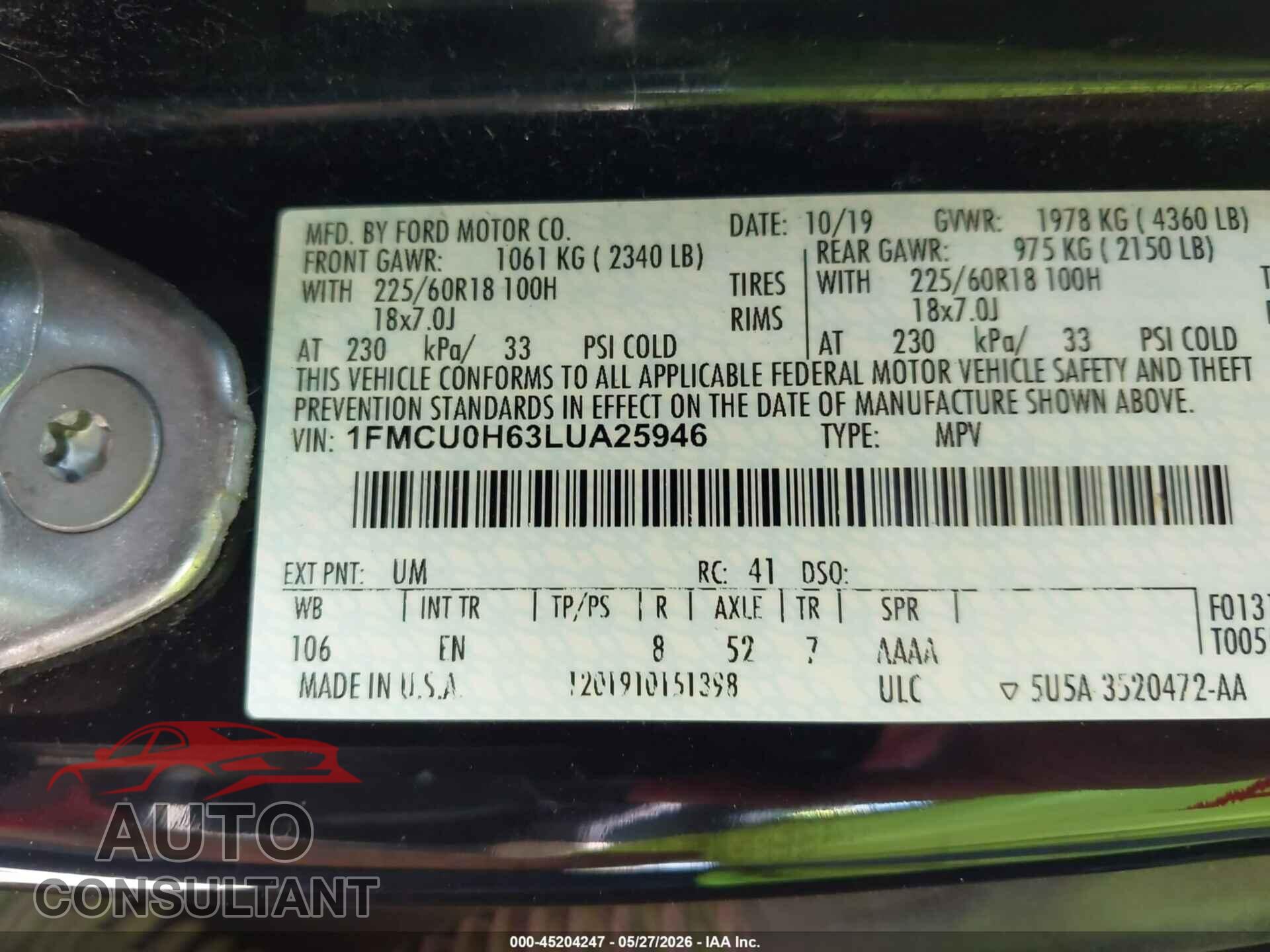 FORD ESCAPE 2020 - 1FMCU0H63LUA25946