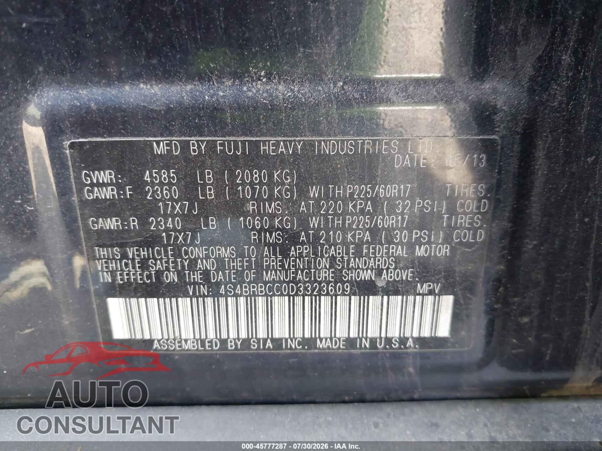 SUBARU OUTBACK 2013 - 4S4BRBCC0D3323609