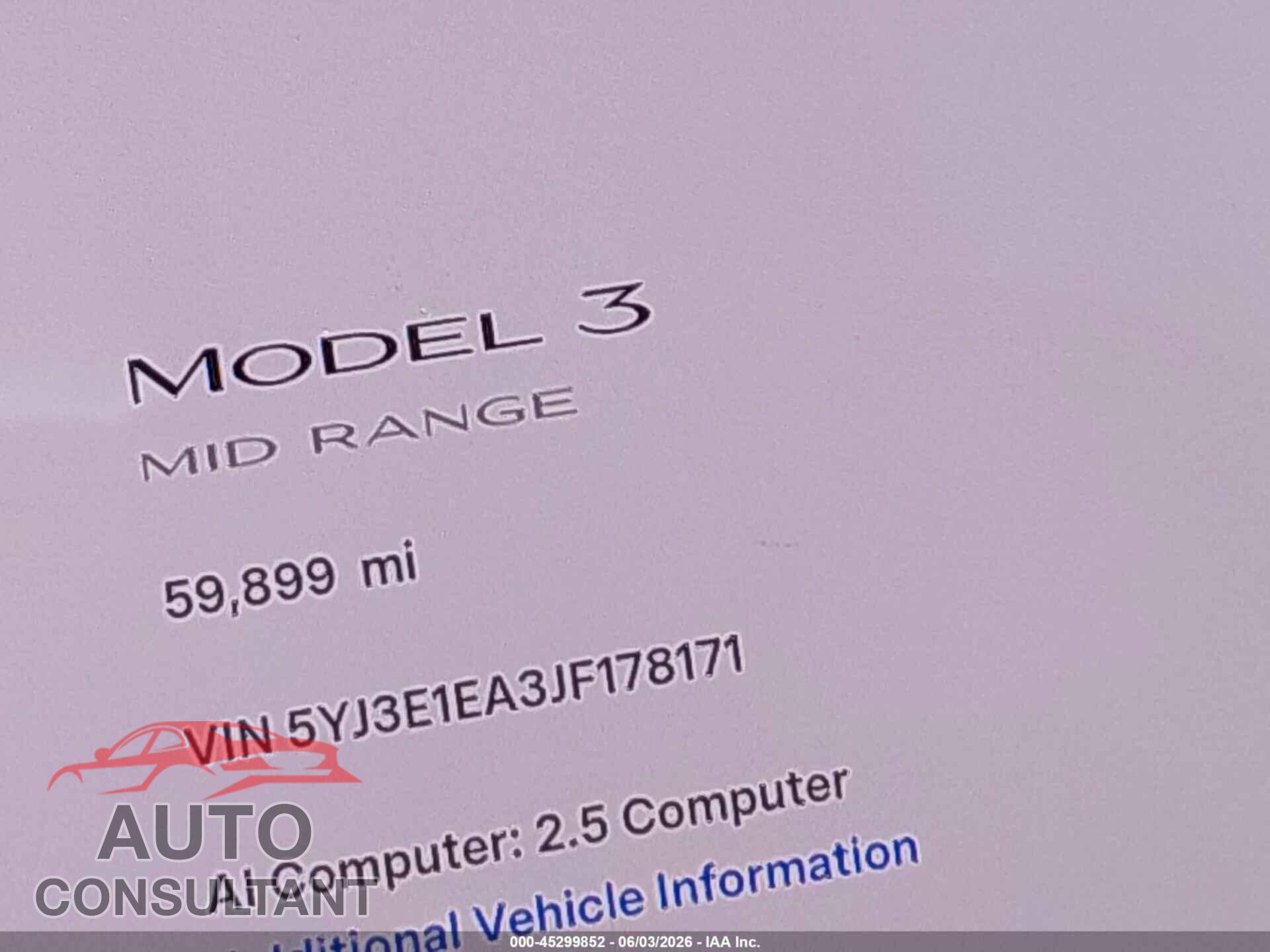 TESLA MODEL 3 2018 - 5YJ3E1EA3JF178171