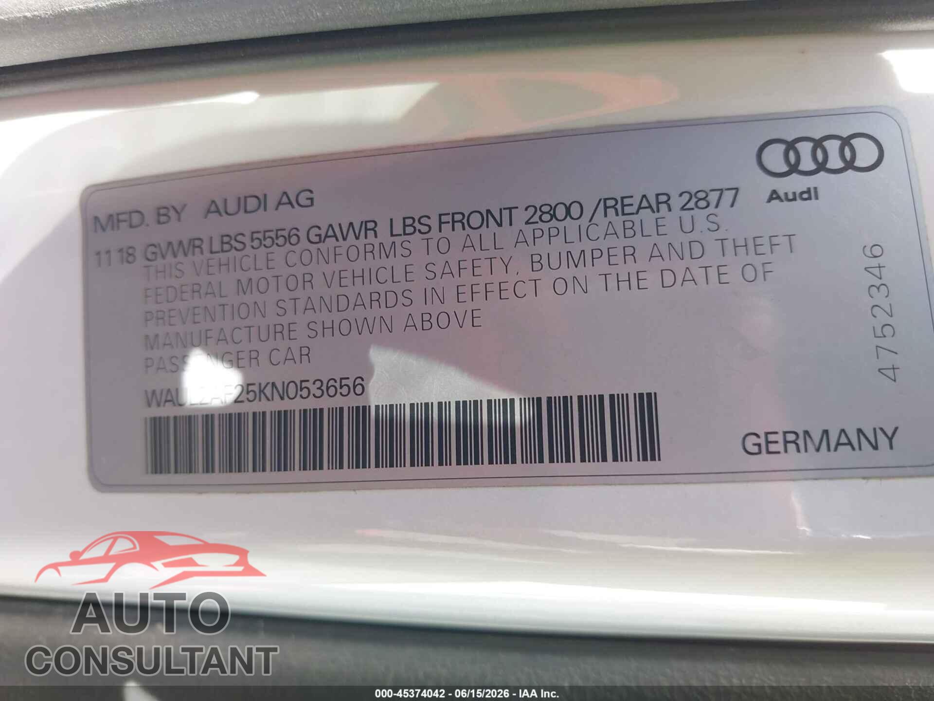 AUDI A6 2019 - WAUL2AF25KN053656