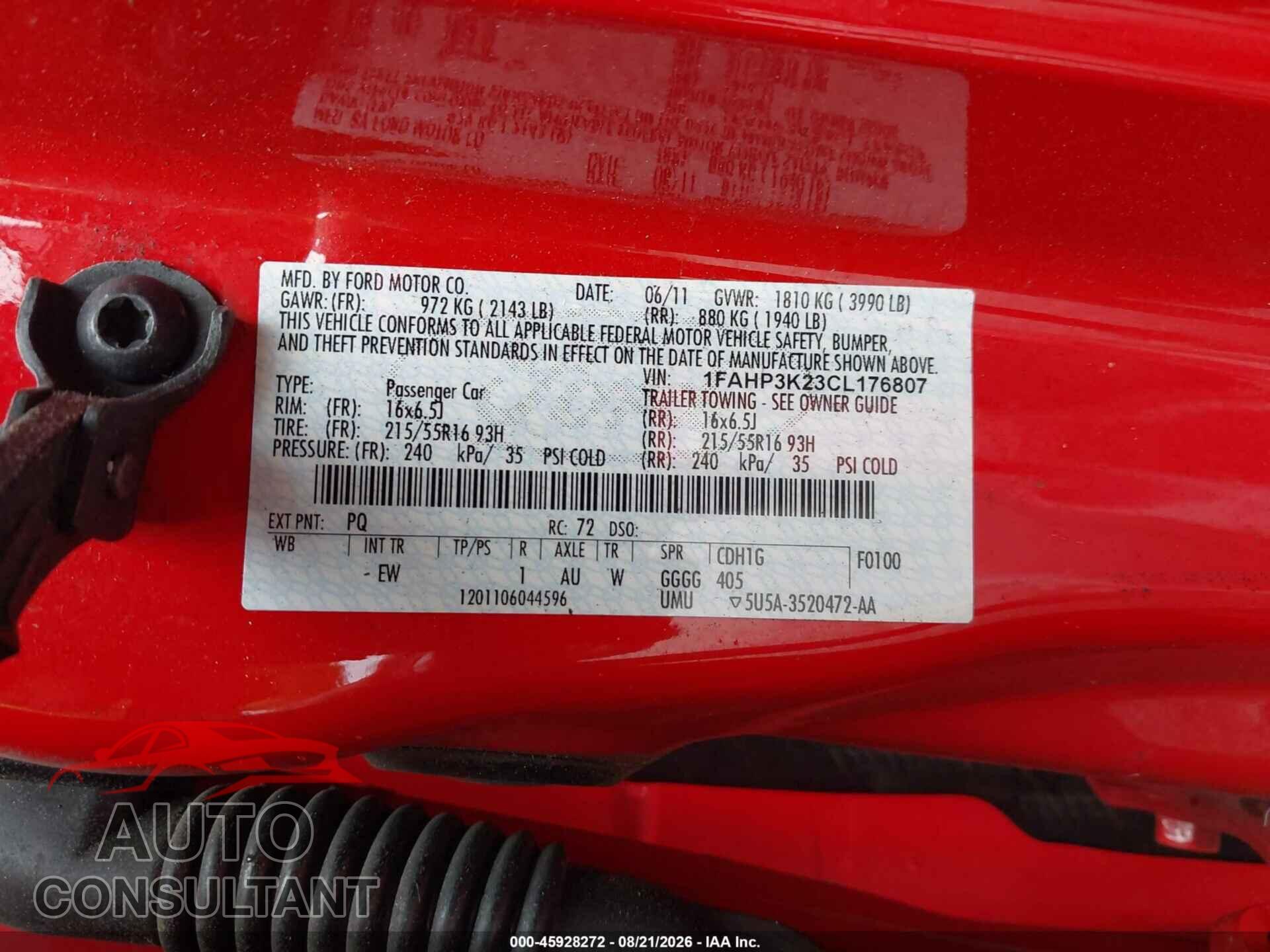 FORD FOCUS 2012 - 1FAHP3K23CL176807