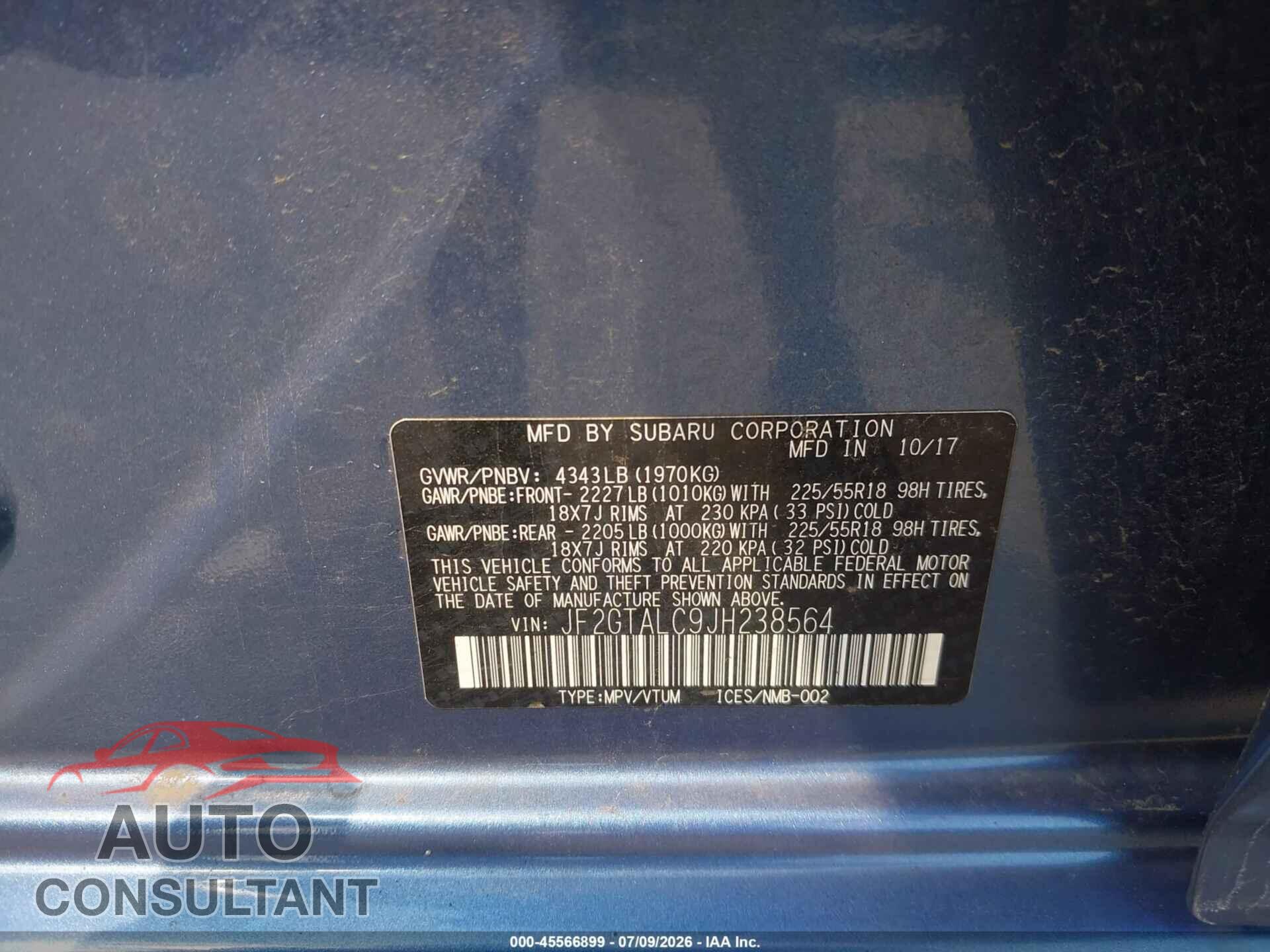 SUBARU CROSSTREK 2018 - JF2GTALC9JH238564