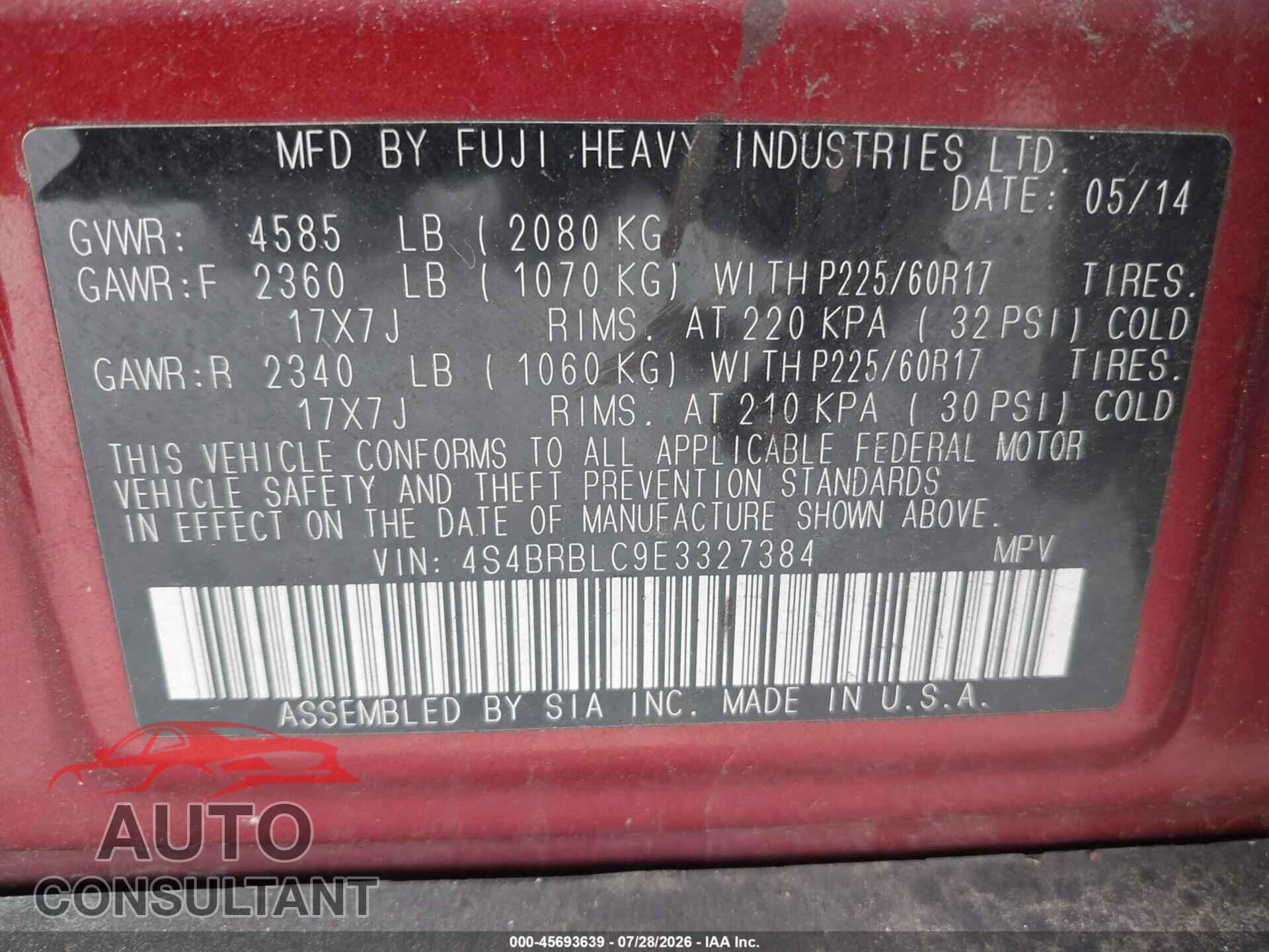 SUBARU OUTBACK 2014 - 4S4BRBLC9E3327384