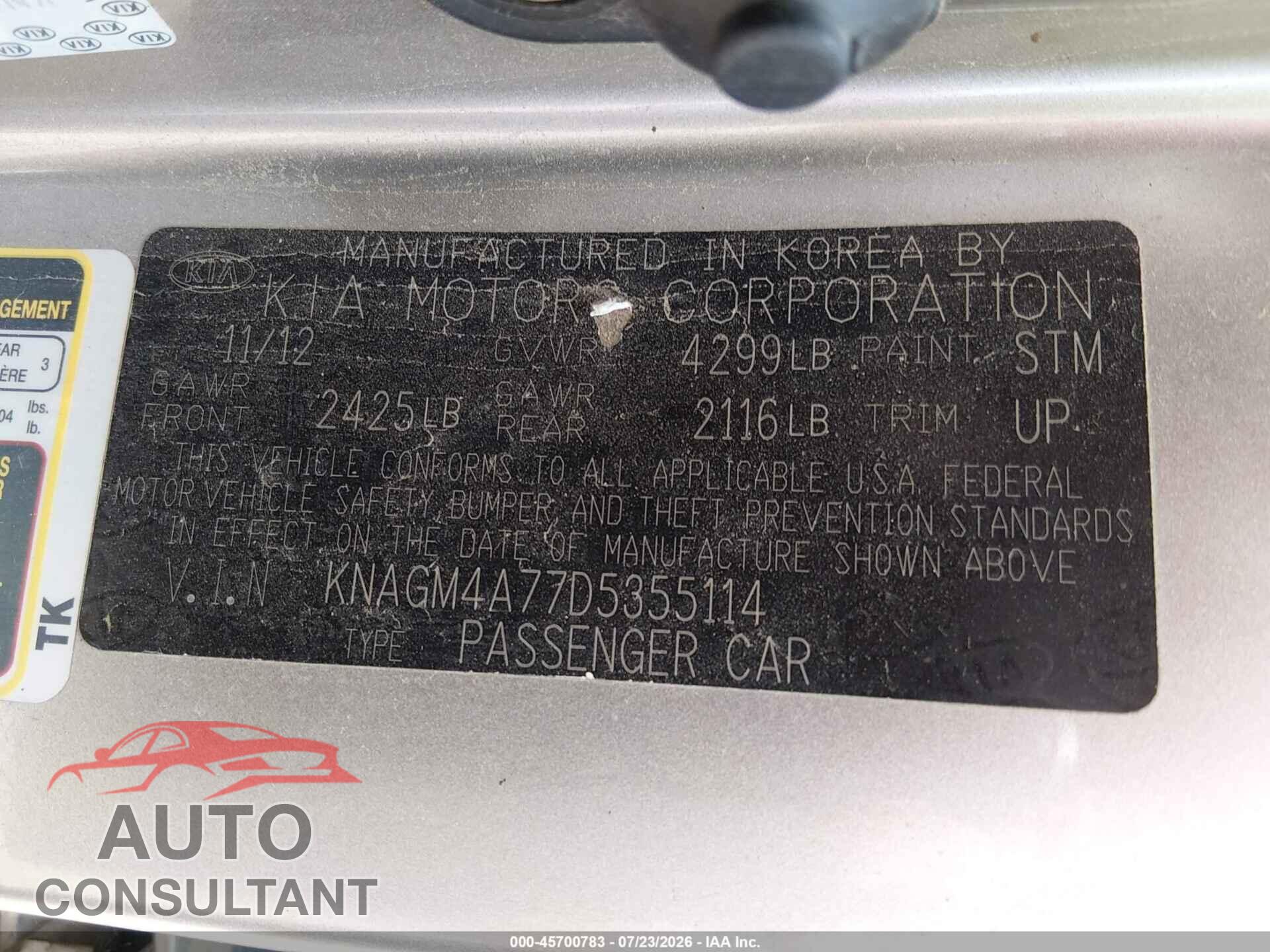 KIA OPTIMA 2013 - KNAGM4A77D5355114