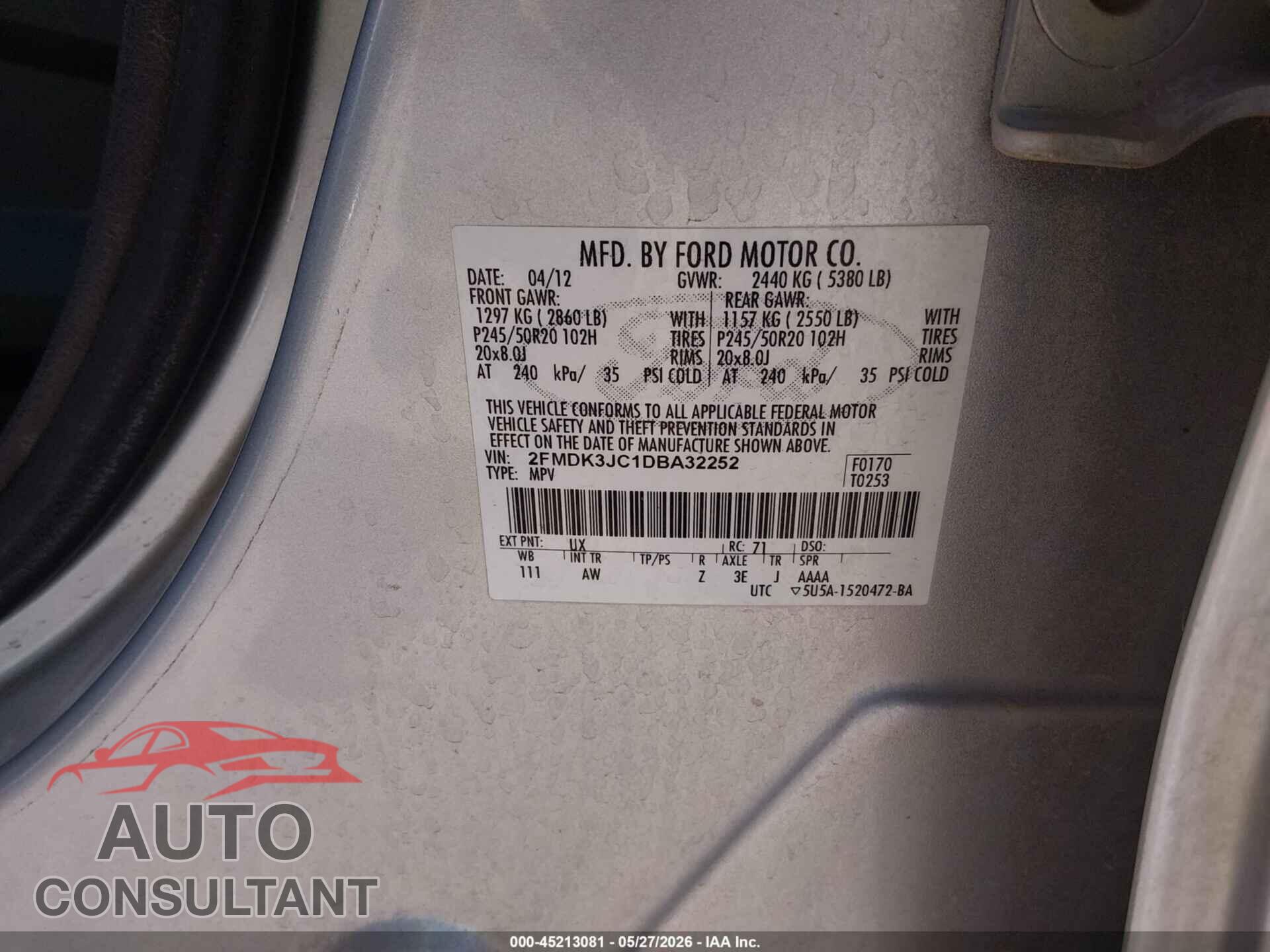 FORD EDGE 2013 - 2FMDK3JC1DBA32252