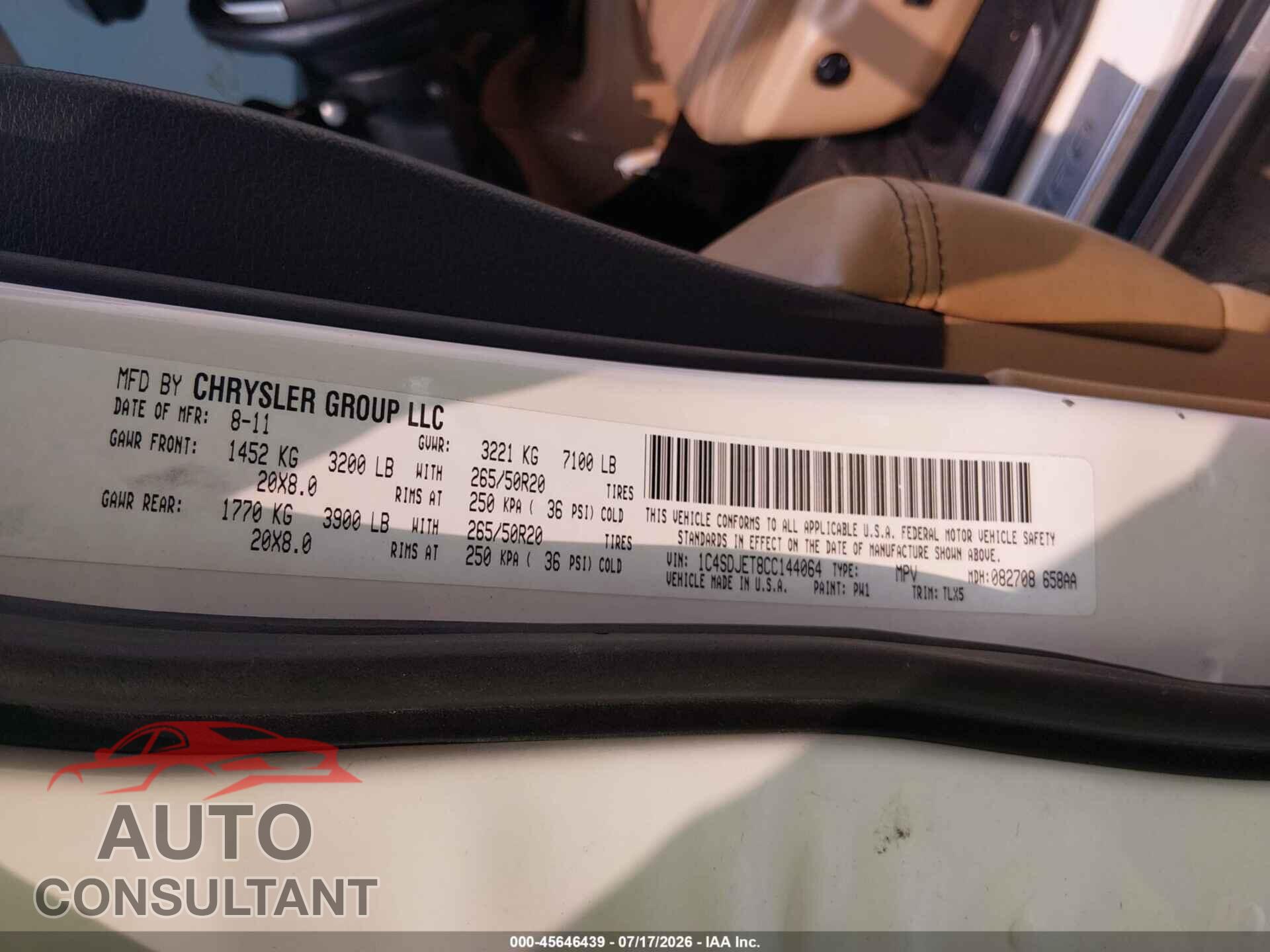 DODGE DURANGO 2012 - 1C4SDJET8CC144064