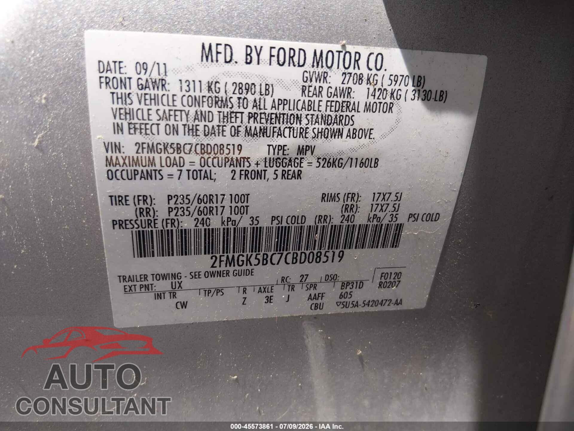 FORD FLEX 2012 - 2FMGK5BC7CBD08519