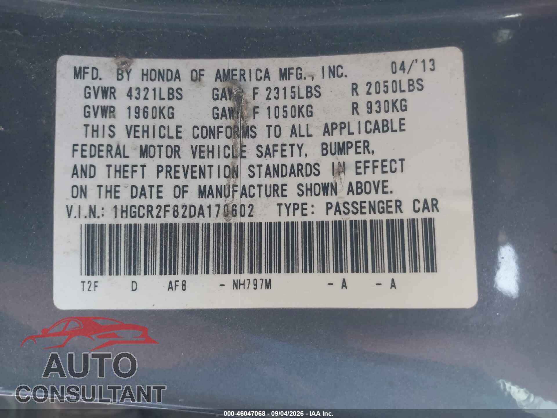 HONDA ACCORD 2013 - 1HGCR2F82DA170602
