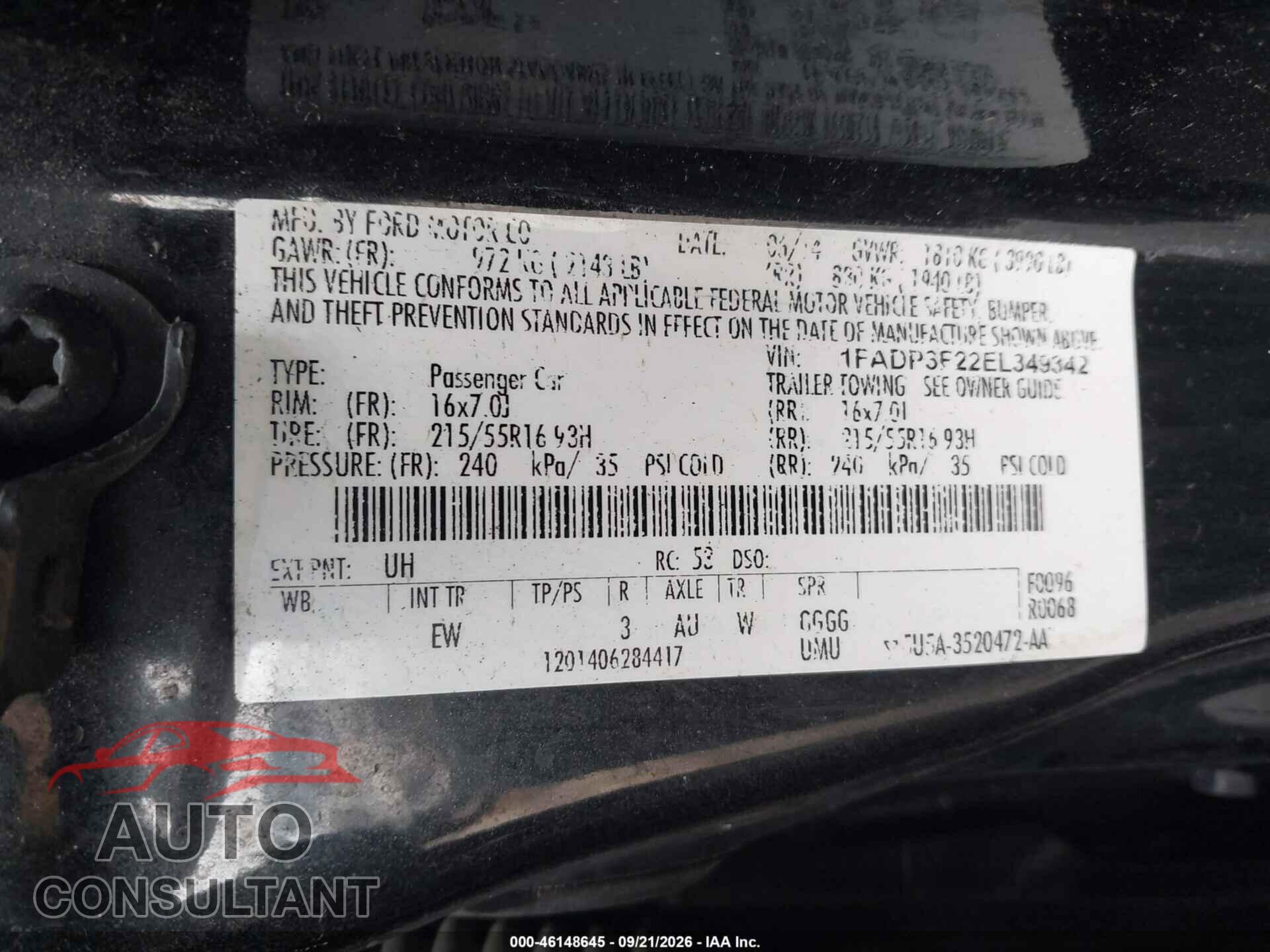 FORD FOCUS 2014 - 1FADP3F22EL349342