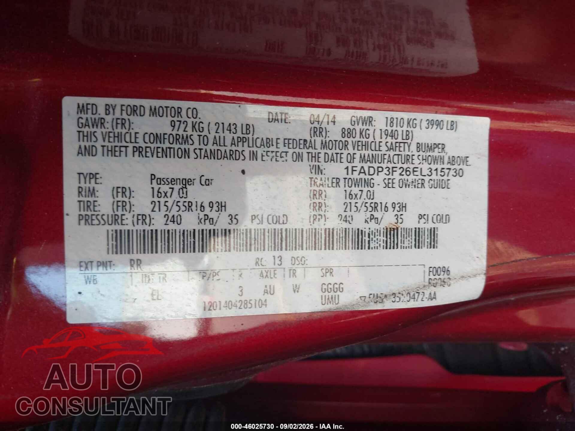 FORD FOCUS 2014 - 1FADP3F26EL315730