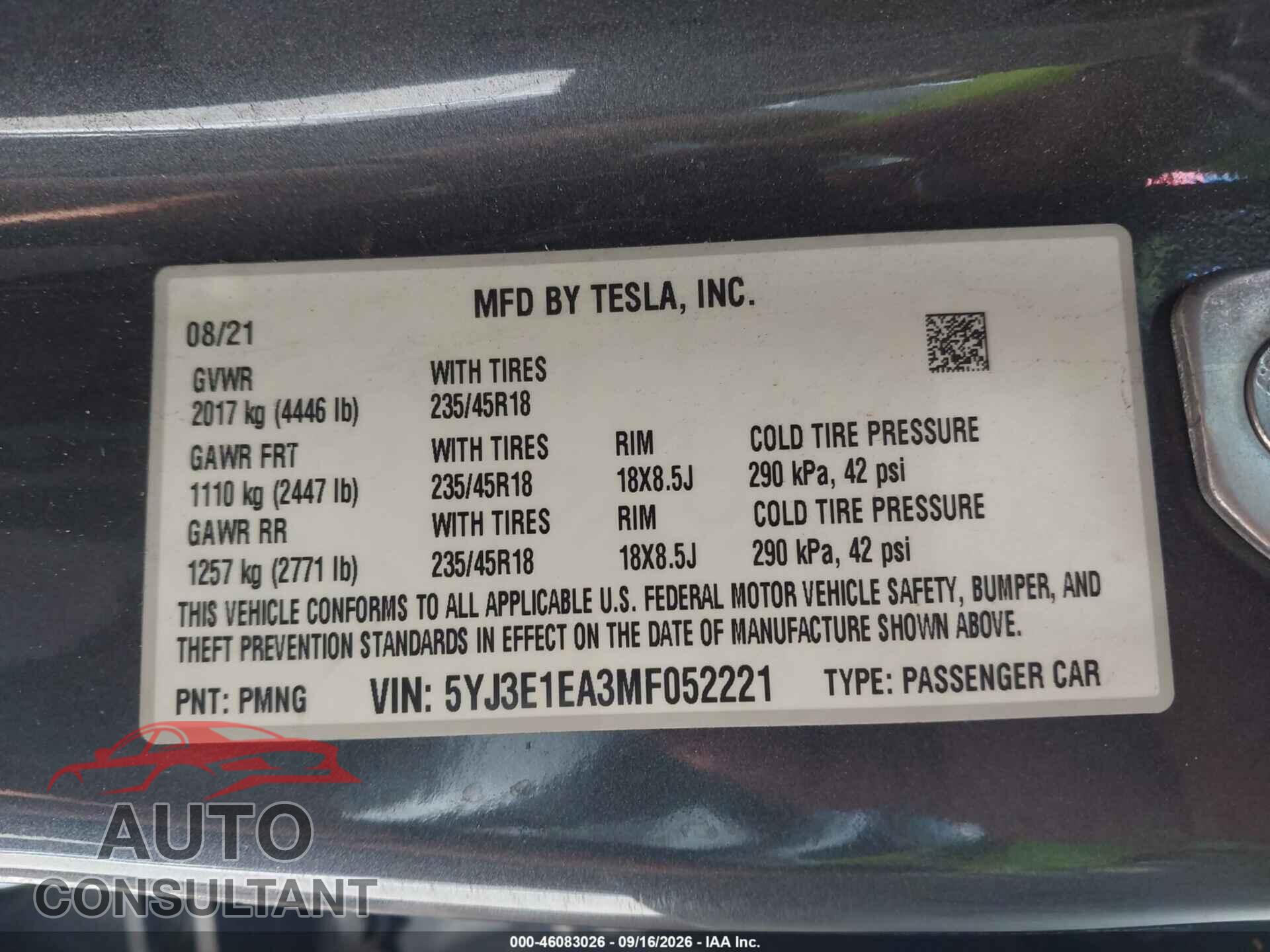TESLA MODEL 3 2021 - 5YJ3E1EA3MF052221