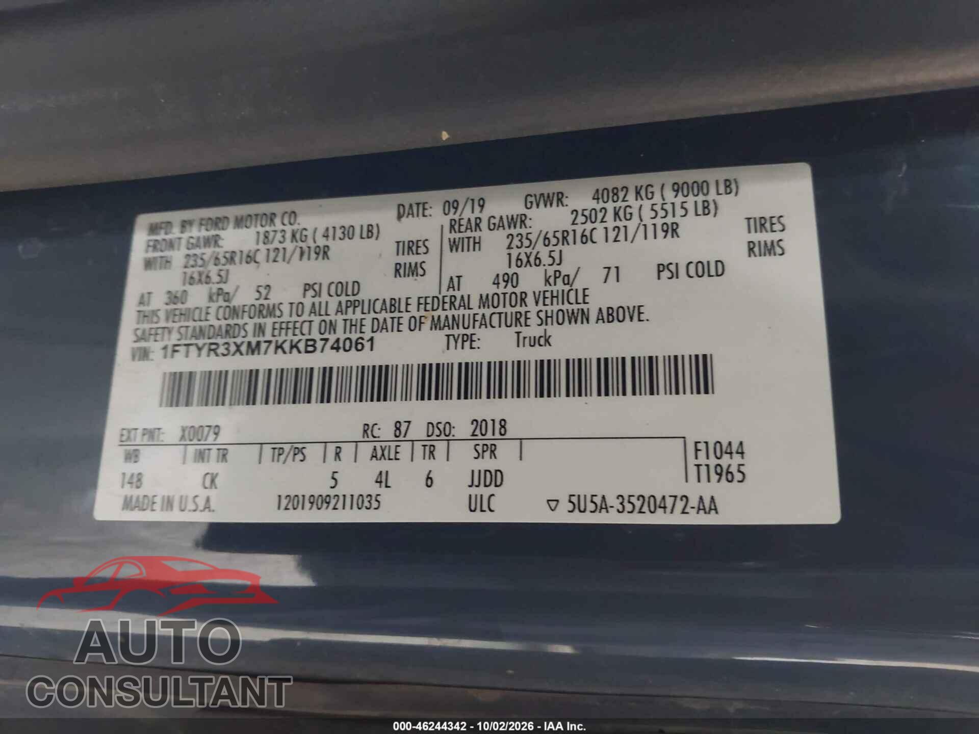 FORD TRANSIT-250 2019 - 1FTYR3XM7KKB74061